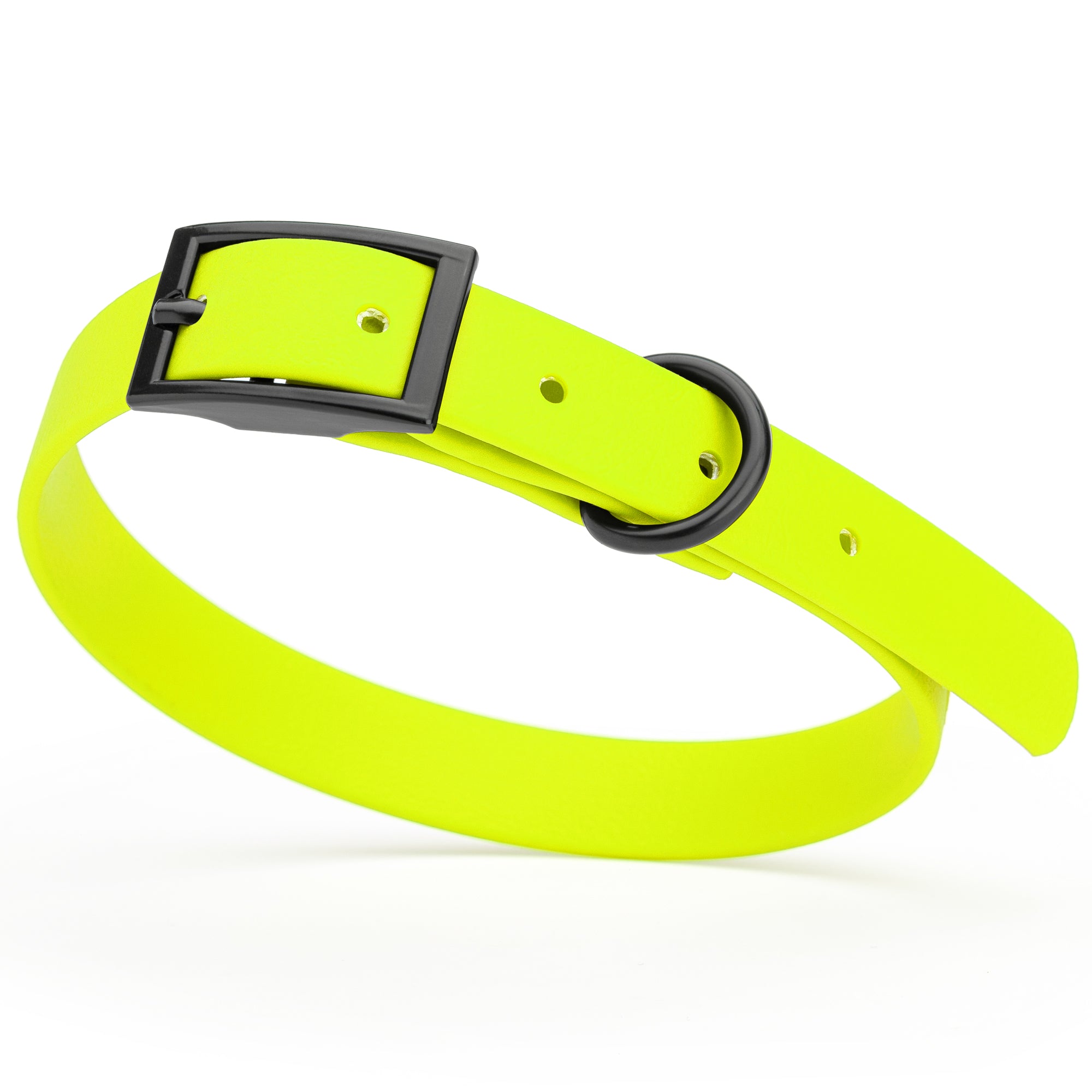Safety Yellow Biothane dog collar with black metal buckle and D-ring, width 5/8 inches, fits small dogs