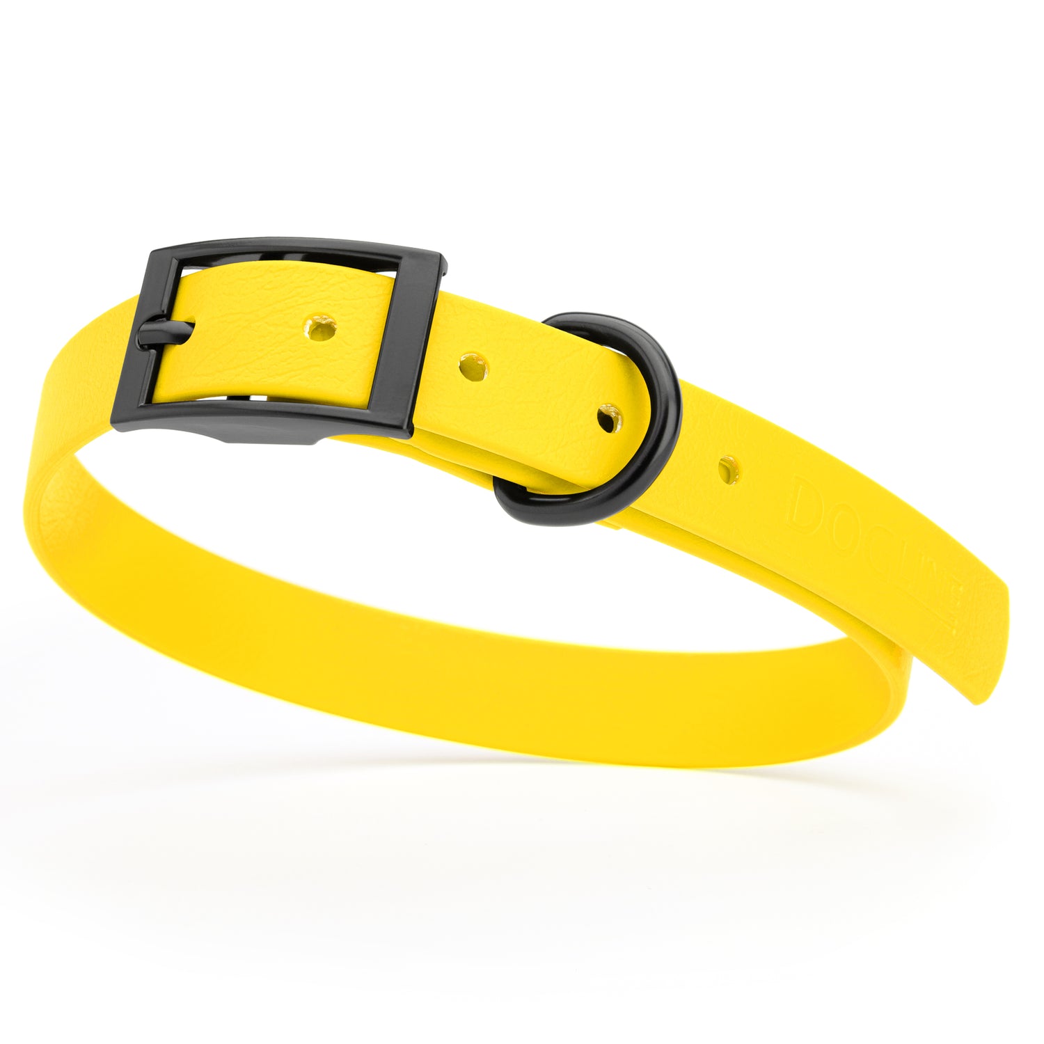 Lemon Yellow waterproof dog collar with black metal buckle and D-ring, made from BioThane, fits medium dogs