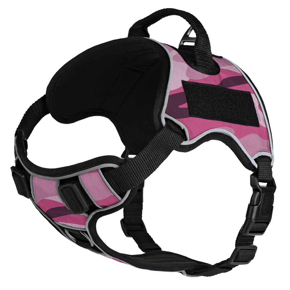Pink Camo dog harness with adjustable straps, quick release buckle, top handle and loop backing for two removable patches