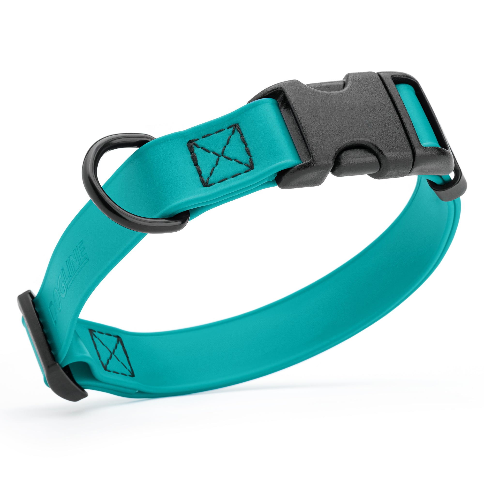 Teal waterproof dog collar made from Biothane with black quick release buckle and D-ring, adjustable