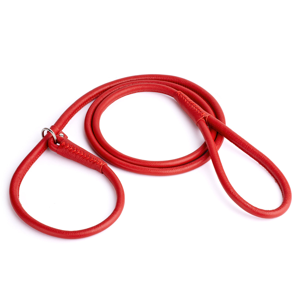 Red leather slip lead with metal stopper ring, 6 feet long