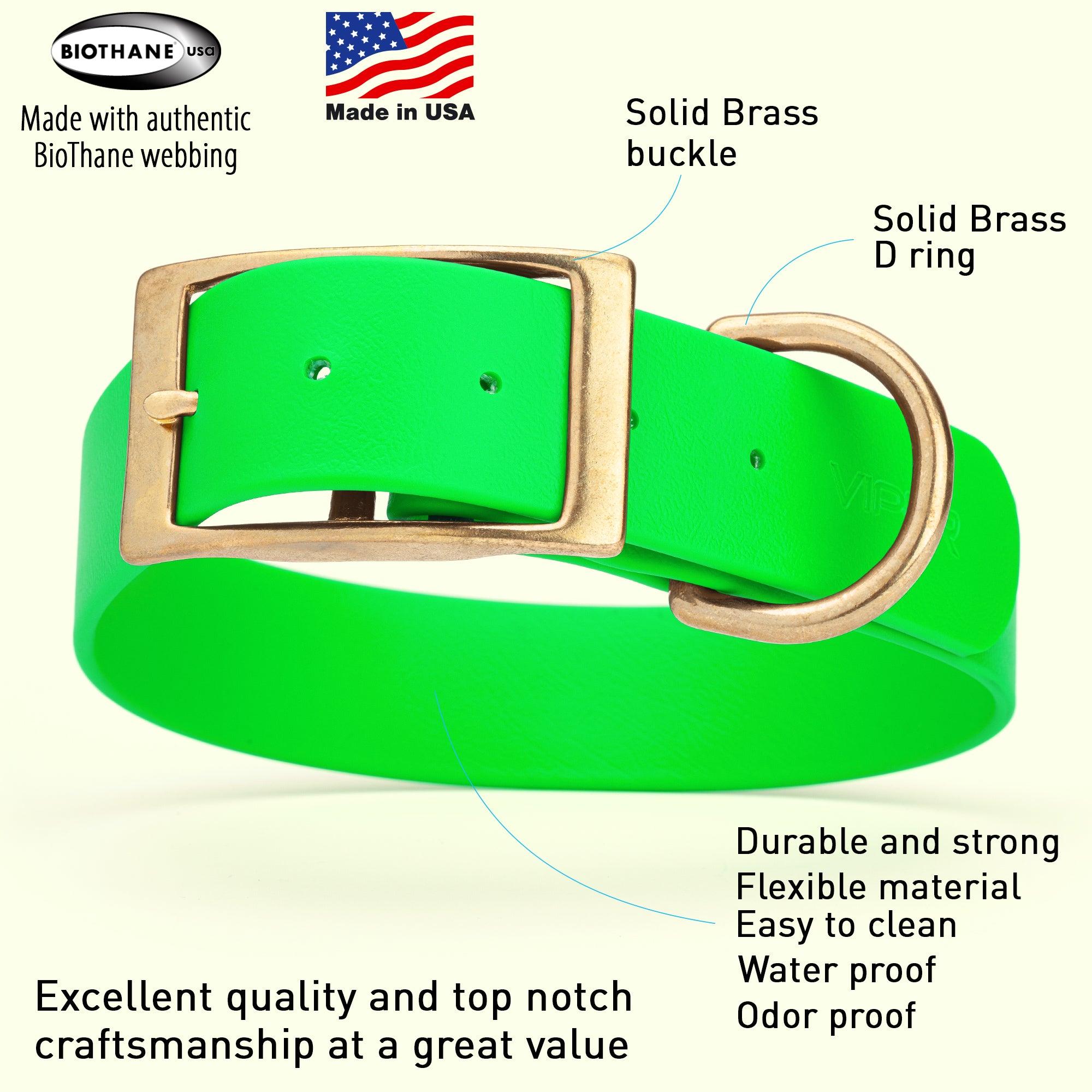 Viper Biothane Waterproof Dog Collar - Brass Hardware - 1.5in Wide, Size L (16 to 20 inches)