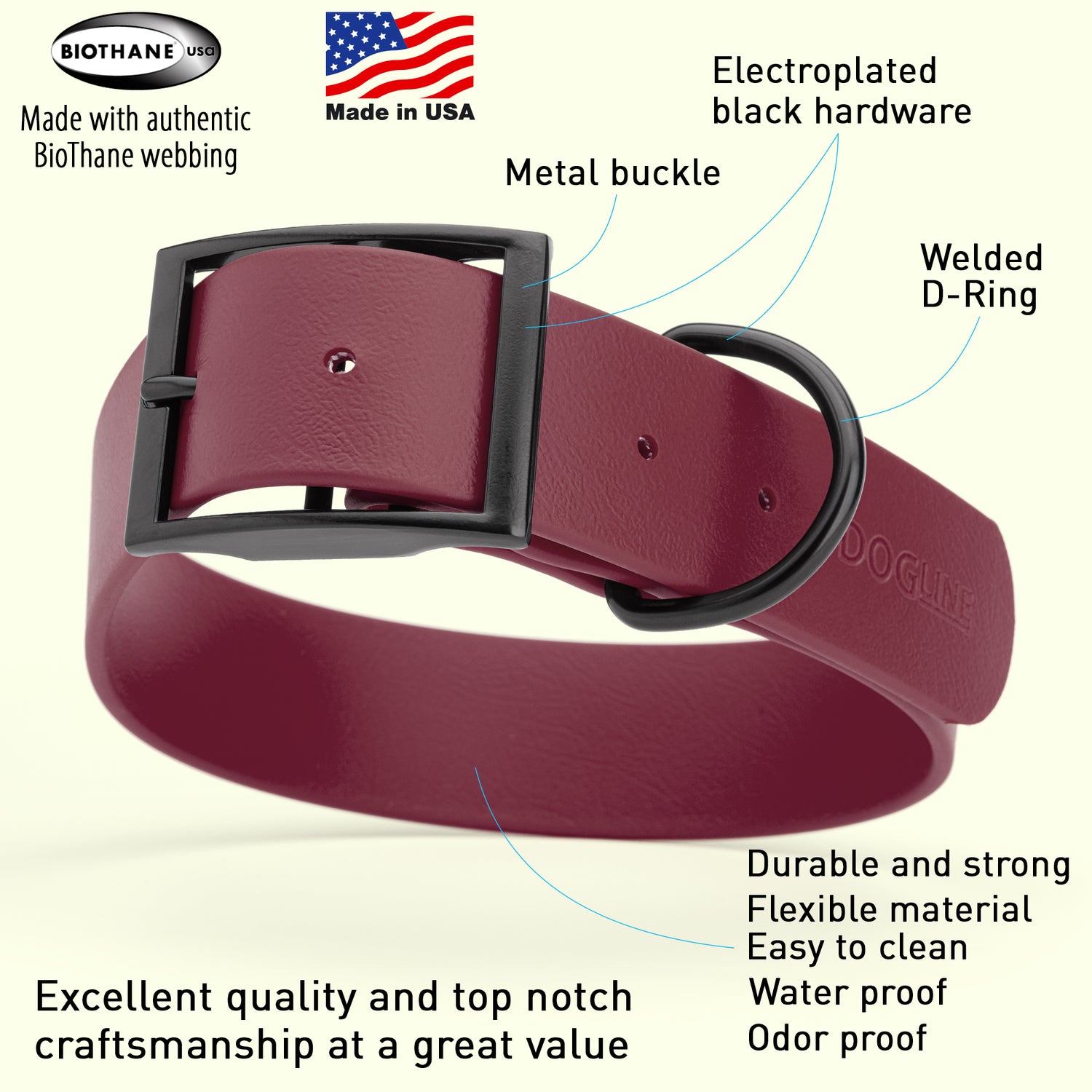 Dogline Biothane Waterproof Dog Collar with Black Hardware -  1.5" Wide, Size XL (20 to 24 inches)