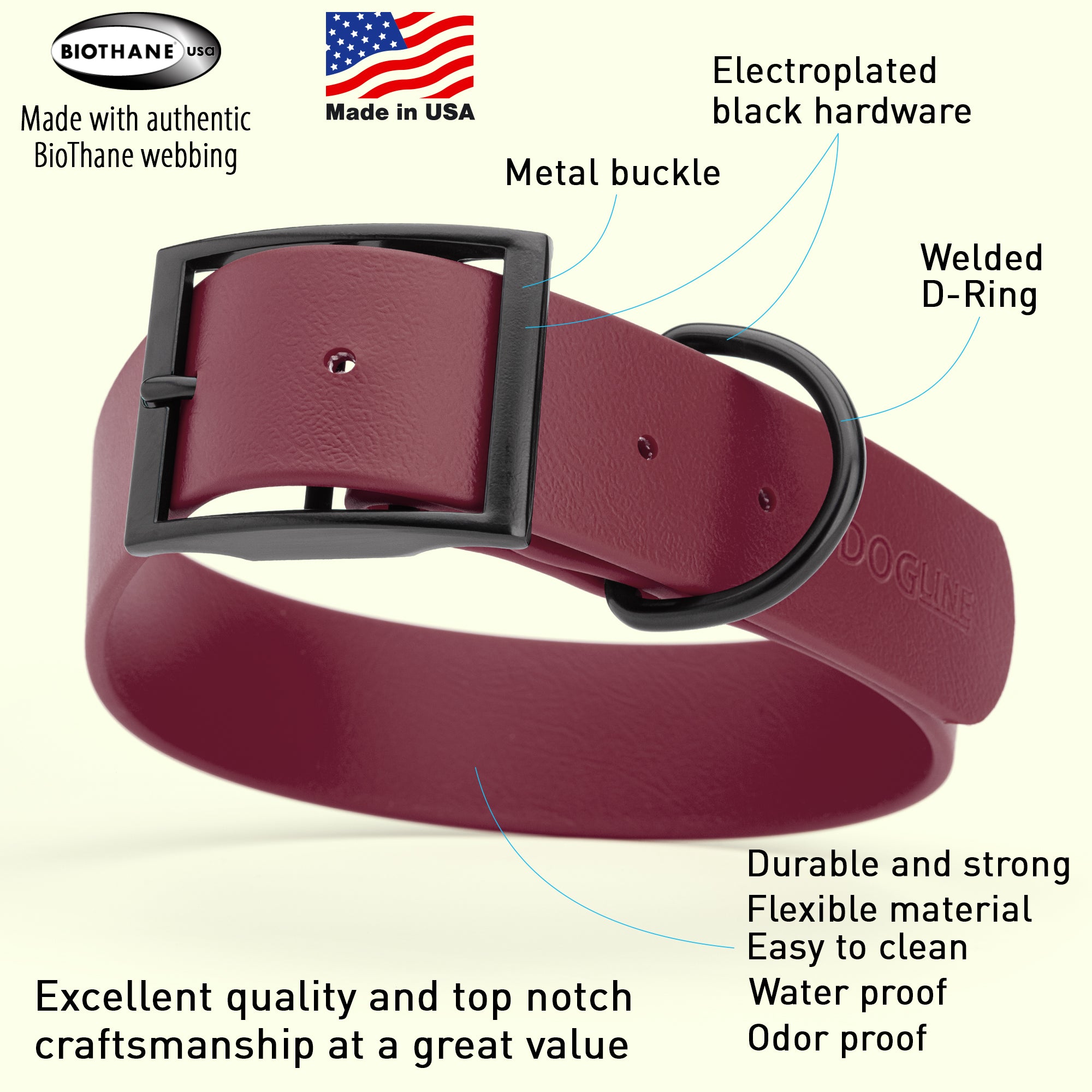 Dogline Biothane Waterproof Dog Collar with Black Hardware - 1.5" Wide, Size XL (20 to 24 inches)