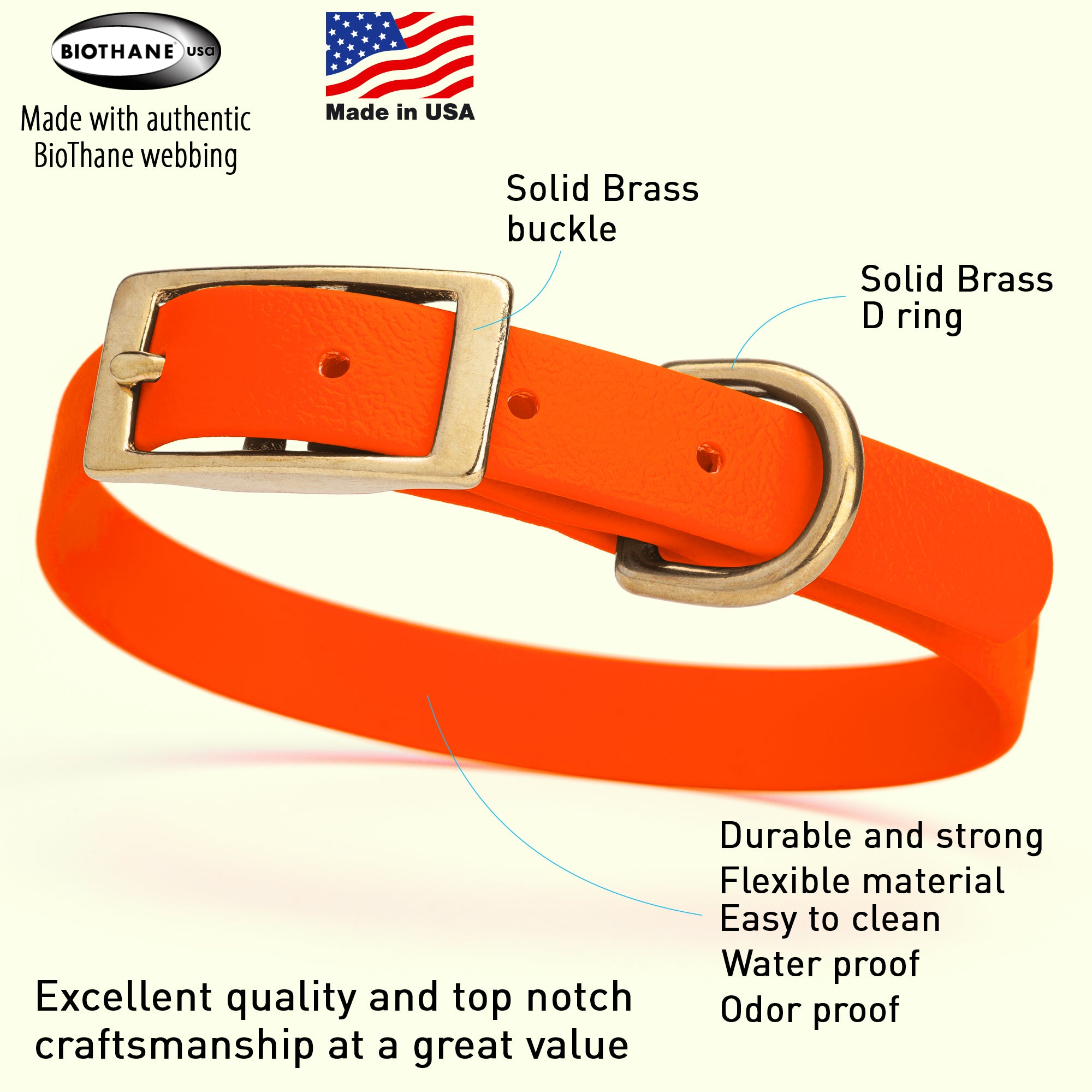 Viper Biothane Waterproof Dog Collar - Brass Hardware - Size S (12 to 15 inches)