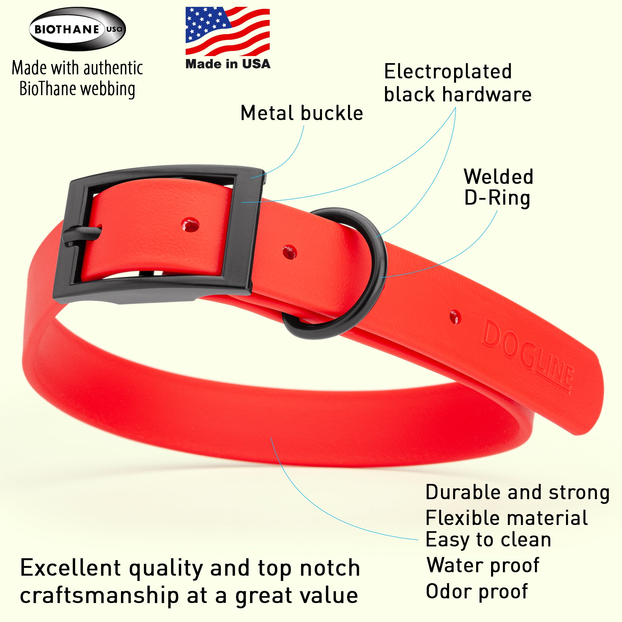 Dogline Biothane Waterproof Dog Collar with Black Hardware - Size L (18 to 22 inches)