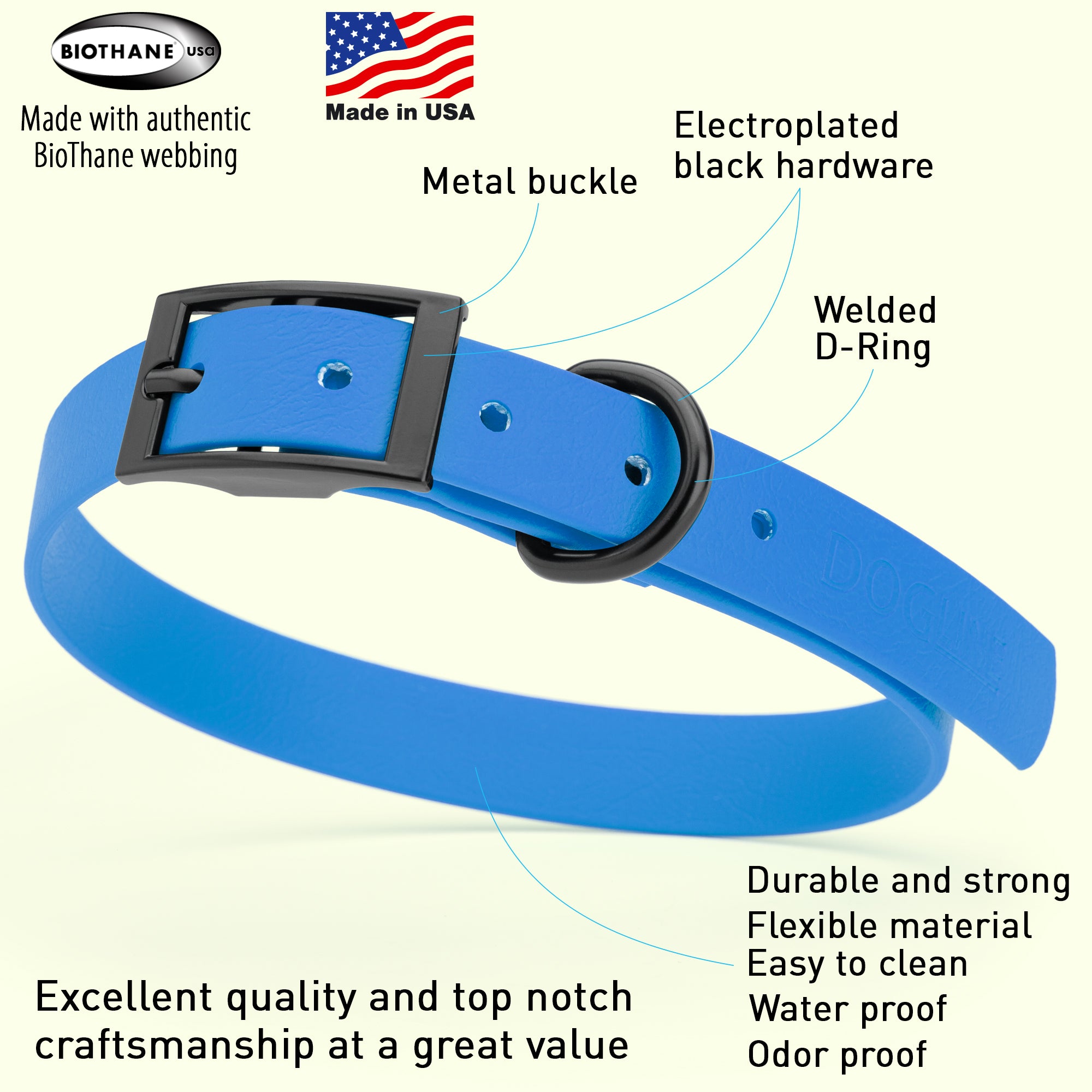 Dogline Biothane Waterproof Dog Collar with Black Hardware - Size M (15 to 18 inches)