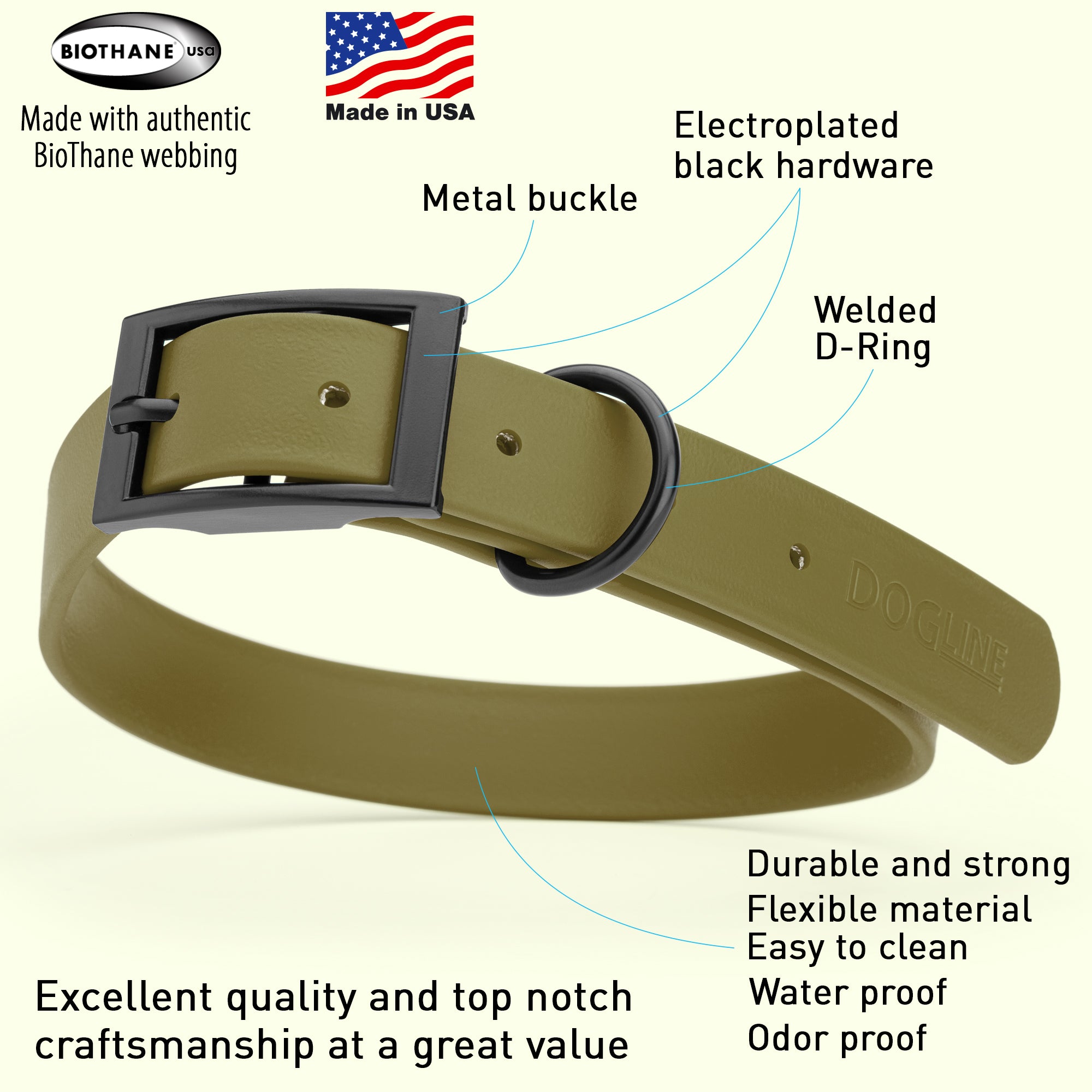 Dogline Biothane Waterproof Dog Collar with Black Hardware - Size XL (22 to 25 inches)
