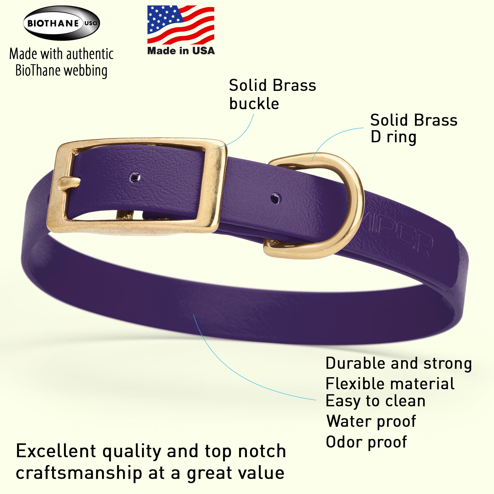 Viper Biothane Waterproof Dog Collar - Brass Hardware - Size M (15 to 18 inches)