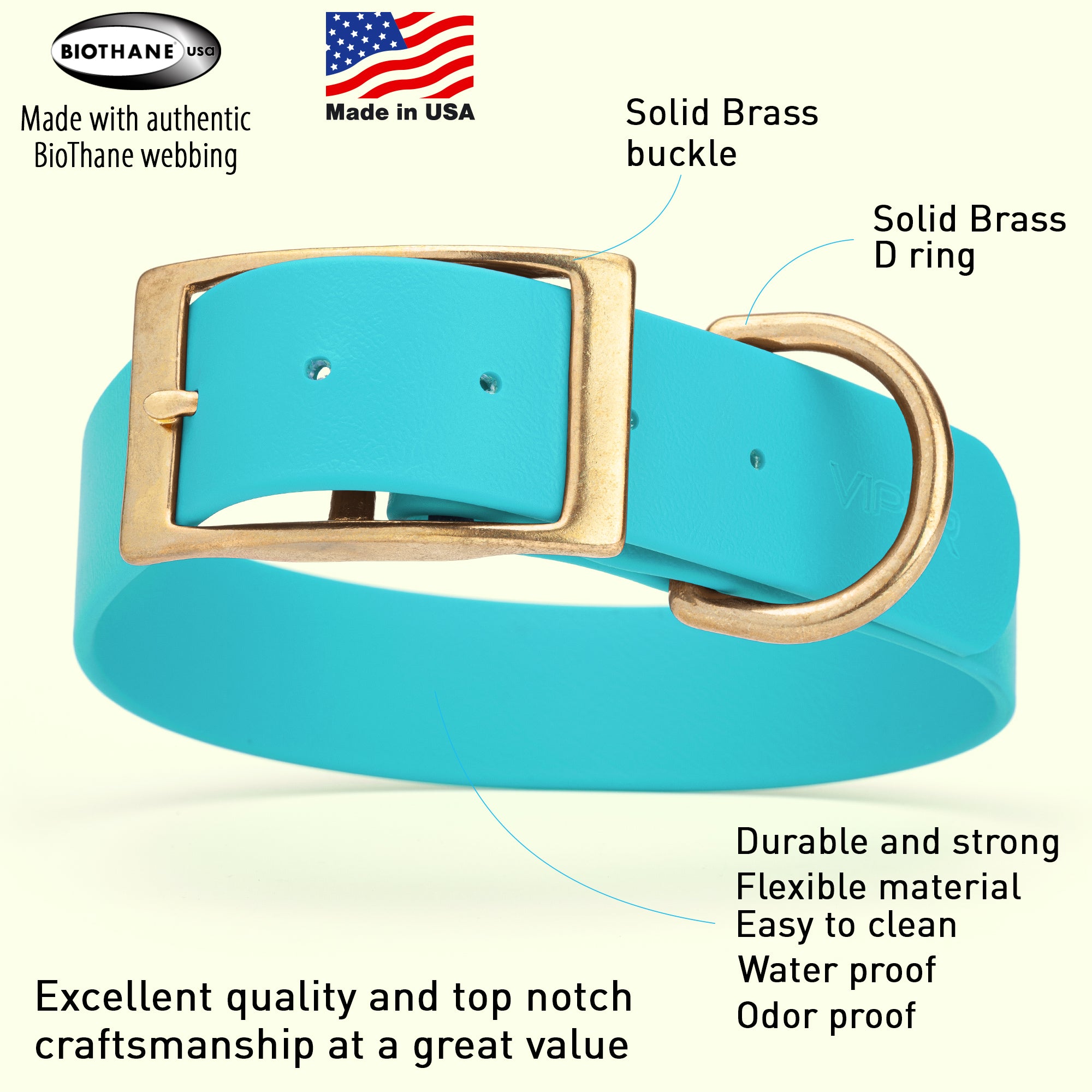 Viper Biothane Waterproof Dog Collar - Brass Hardware - 1.5in Wide, Size XXL (24 to 28 inches)