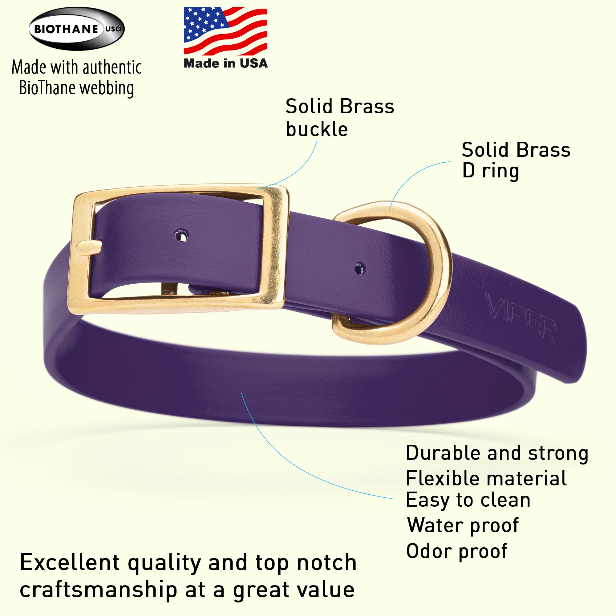 Viper Biothane Waterproof Dog Collar - Brass Hardware - Size L (18 to 22 inches)