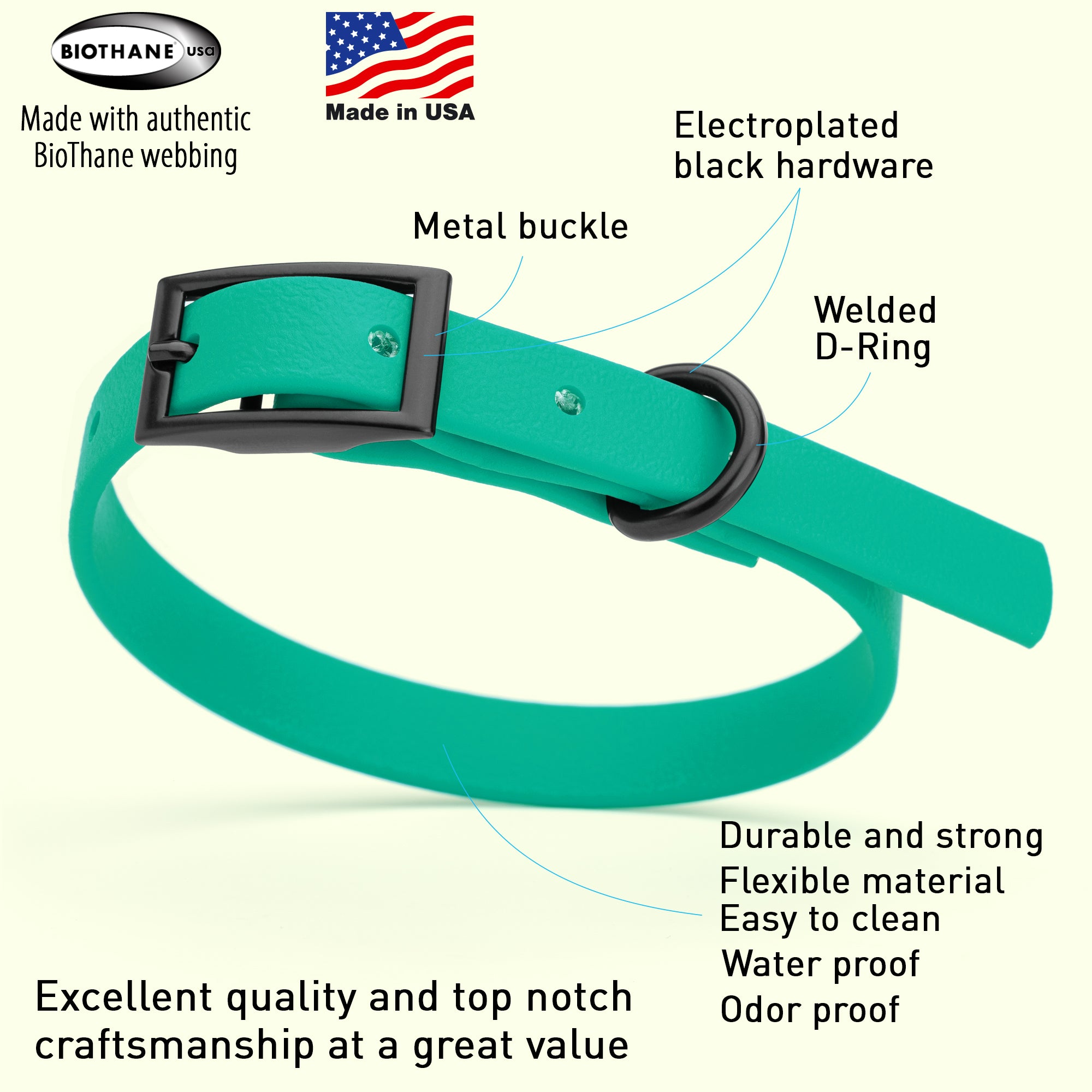 Dogline Biothane Waterproof Dog Collar with Black Hardware - Size XS (9 to 12 inches)