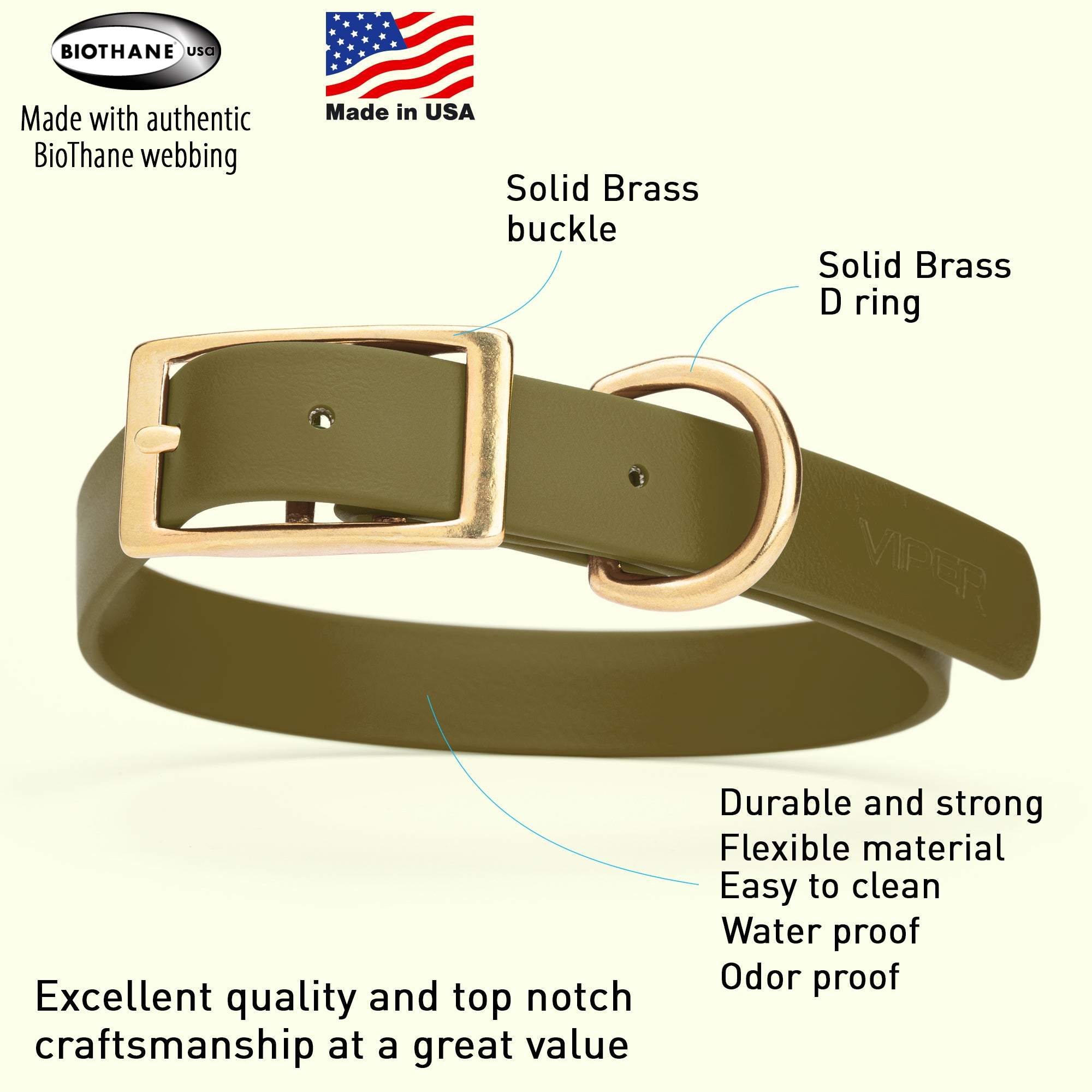 Viper Biothane Waterproof Dog Collar - Brass Hardware - Size XL (22 to 25 inches)