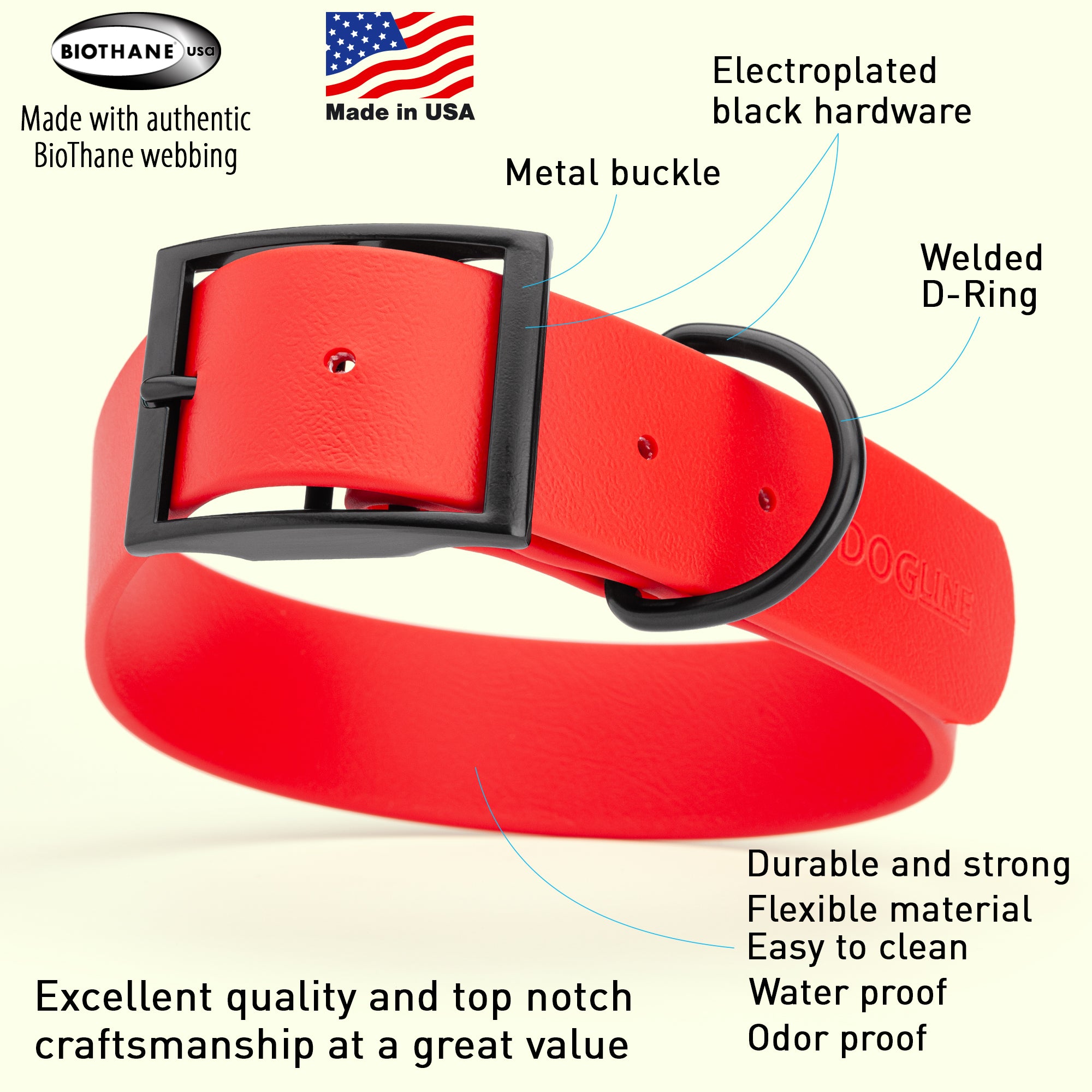 Dogline Biothane Waterproof Dog Collar with Black Hardware - 1.5" Wide, Size XXL (24 to 28 inches)