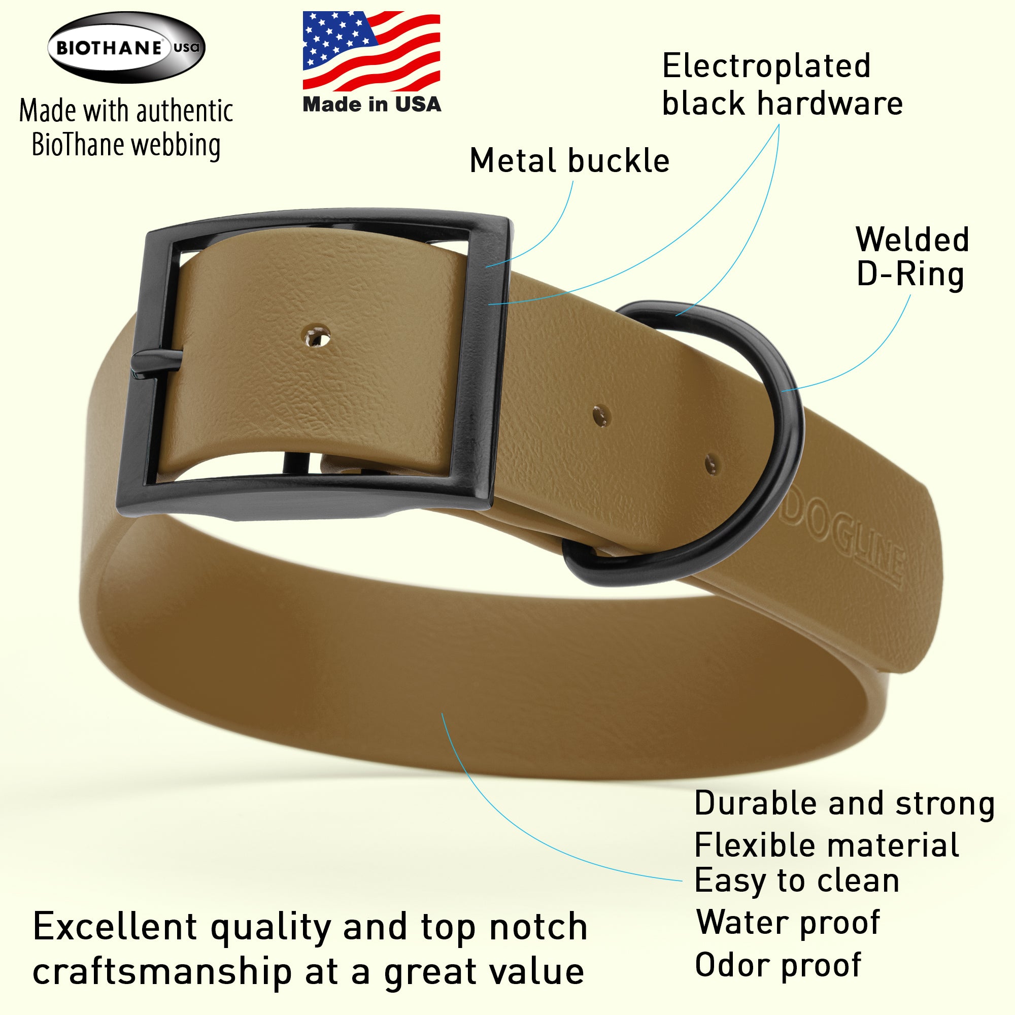 Dogline Biothane Waterproof Dog Collar with Black Hardware - 1.5" Wide, Size L (16 to 20 inches)