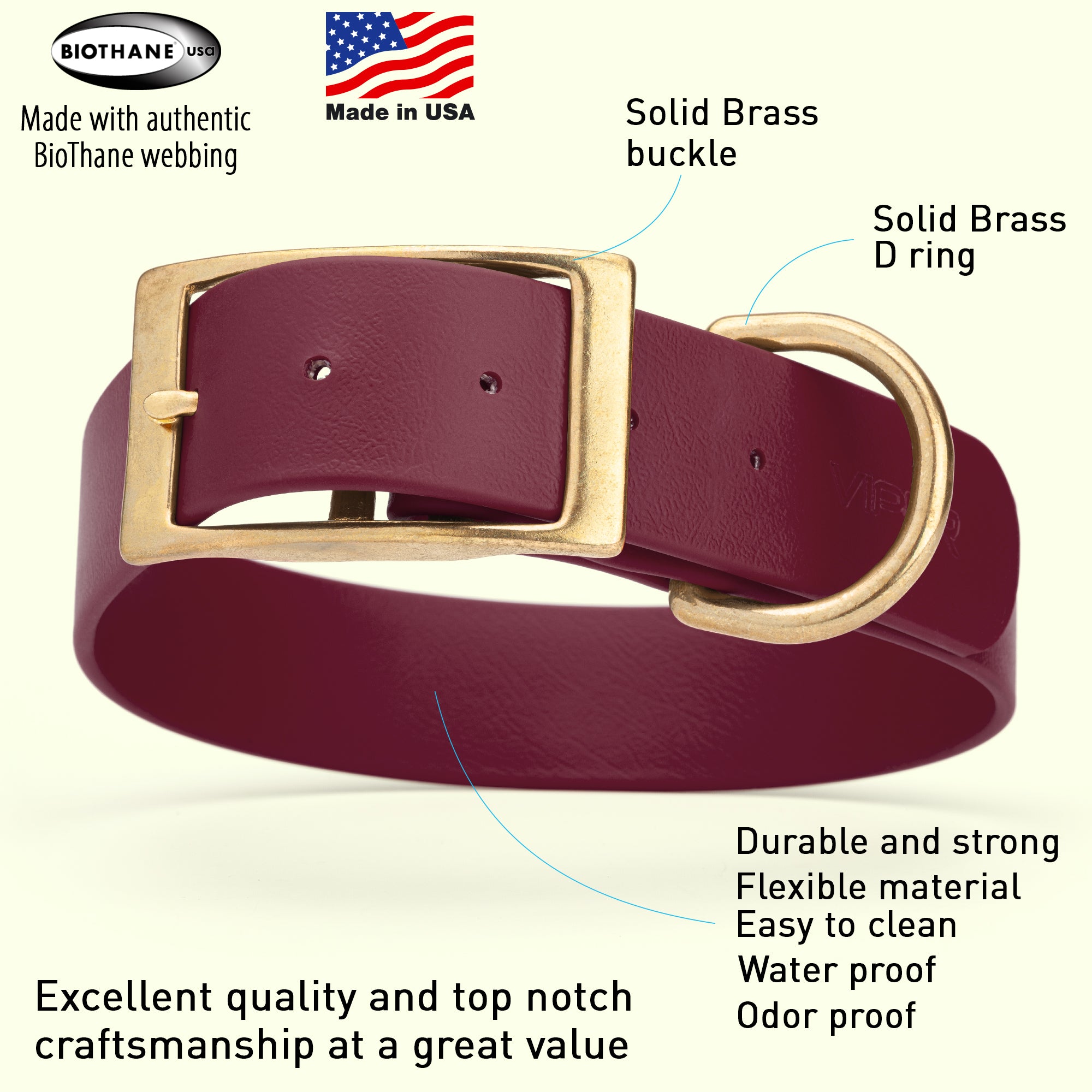 Viper Biothane Waterproof Dog Collar - Brass Hardware - 1.5in Wide, Size XL (20 to 24 inches)