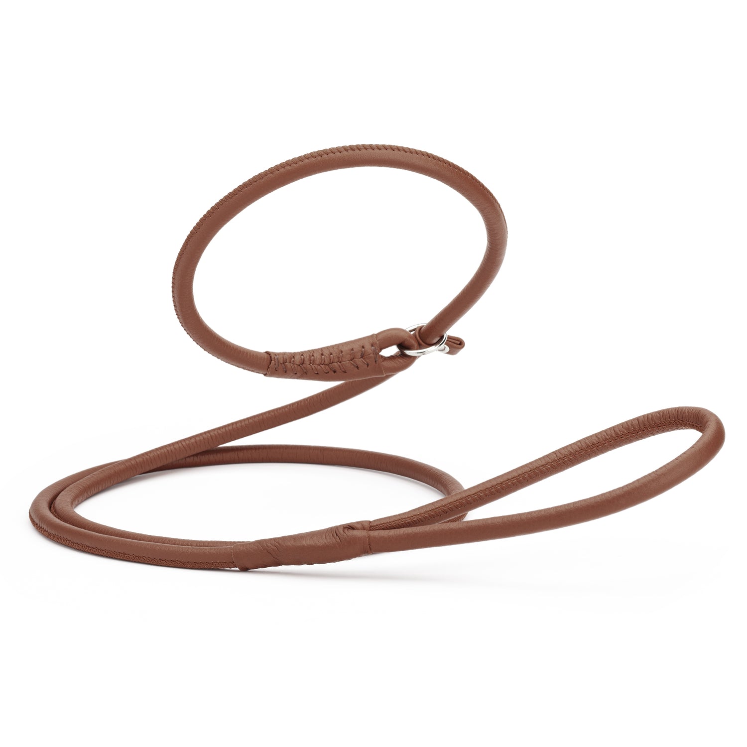 Brown leather slip lead with metal stopper ring, 3 feet long