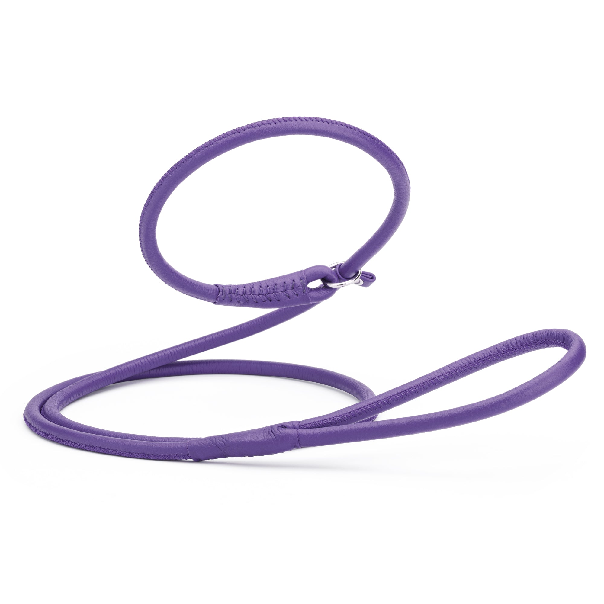 Purple leather slip lead with metal stopper ring, 3 feet long