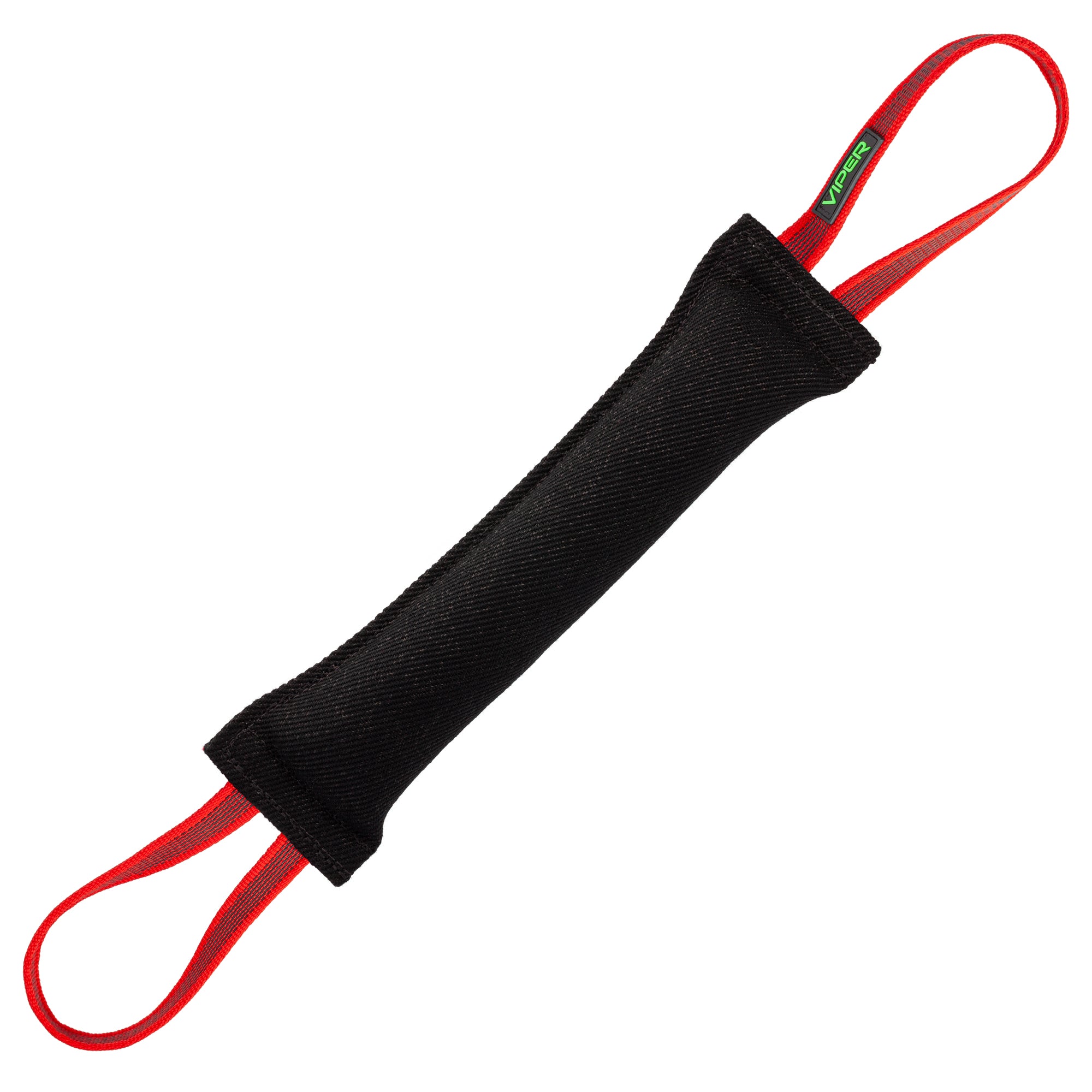Black French Linen dog tug toy with two handles, 16 inches long