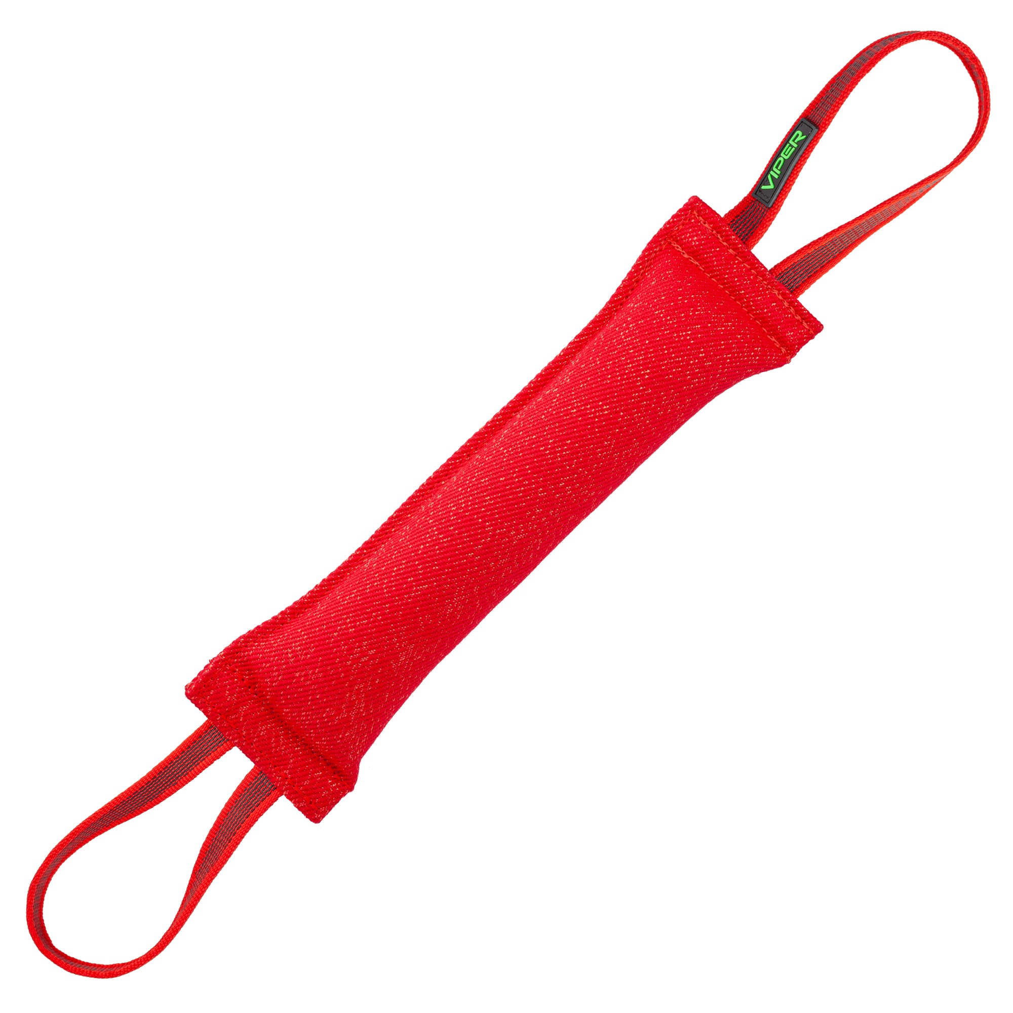 Red French Linen dog tug toy with two handles, 16 inches long