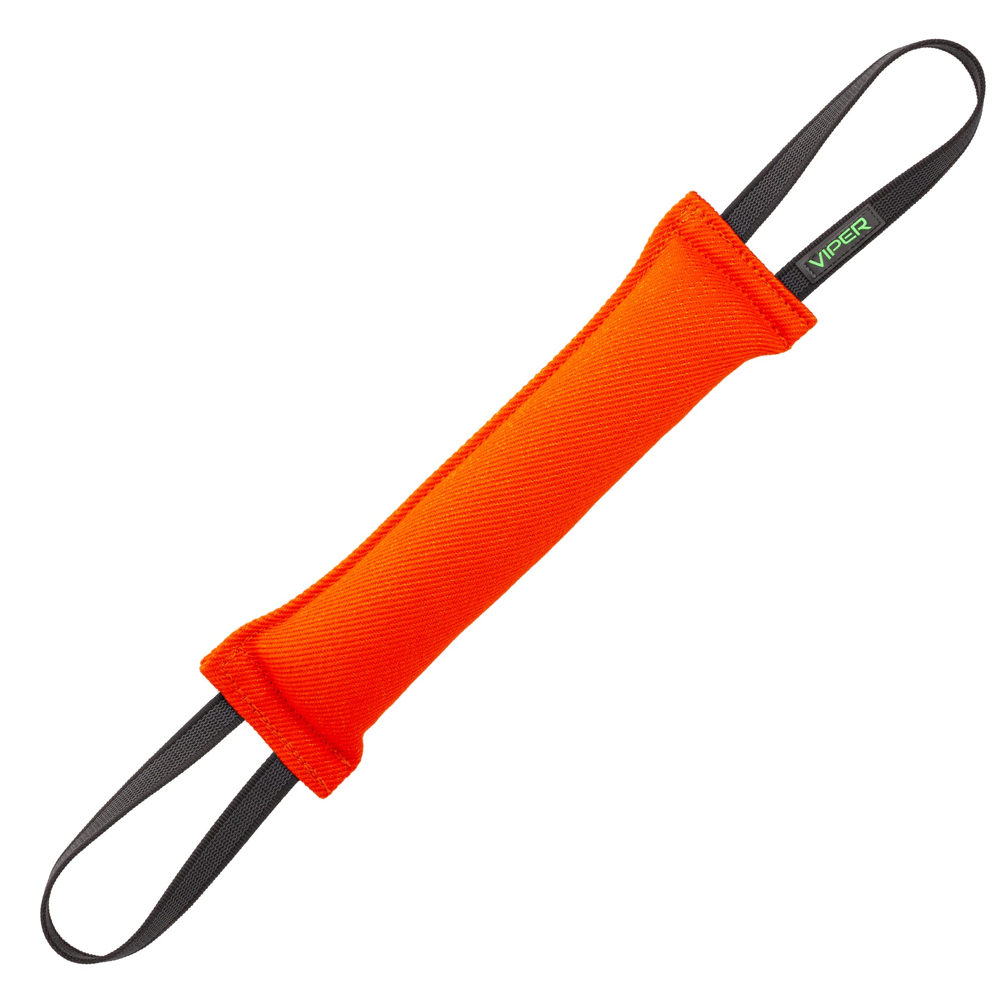 Orange French Linen dog tug toy with two handles, 16 inches long