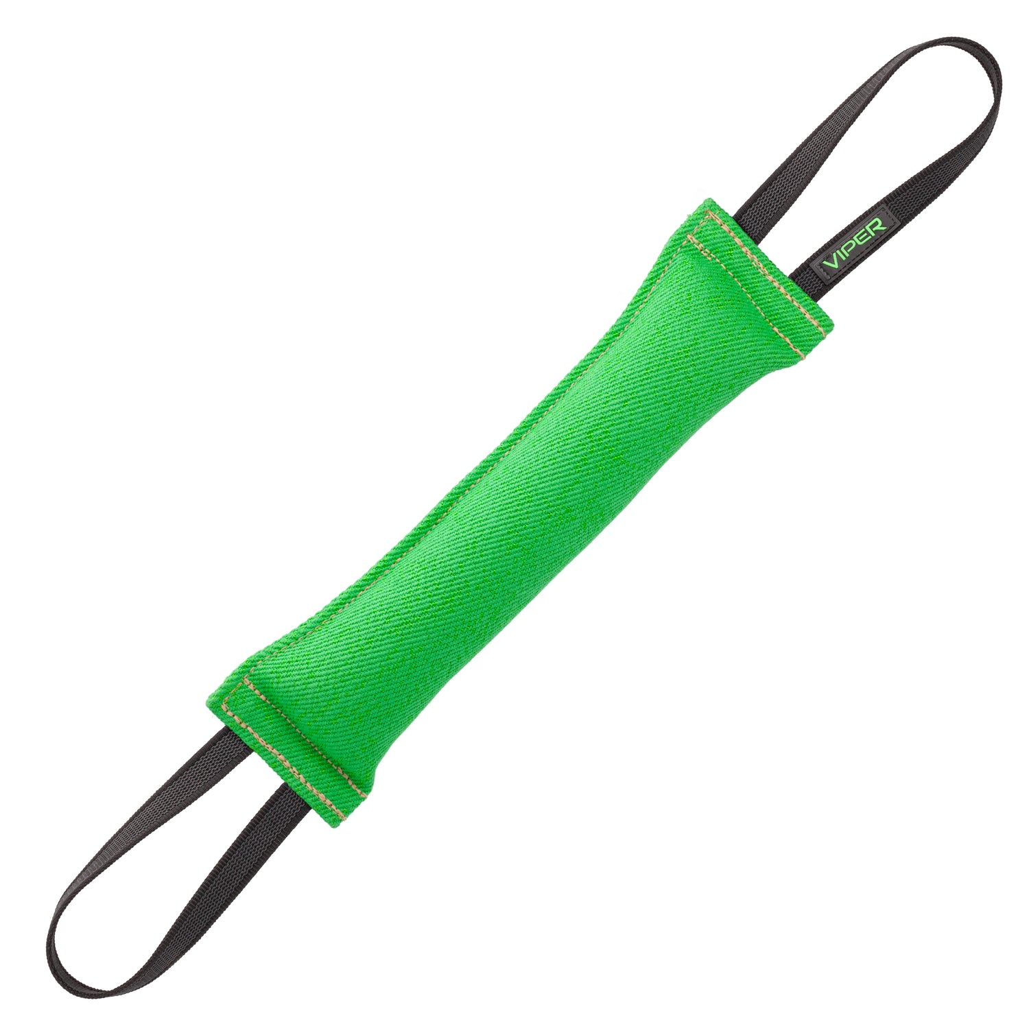 Green French Linen dog tug toy with two handles, 16 inches long