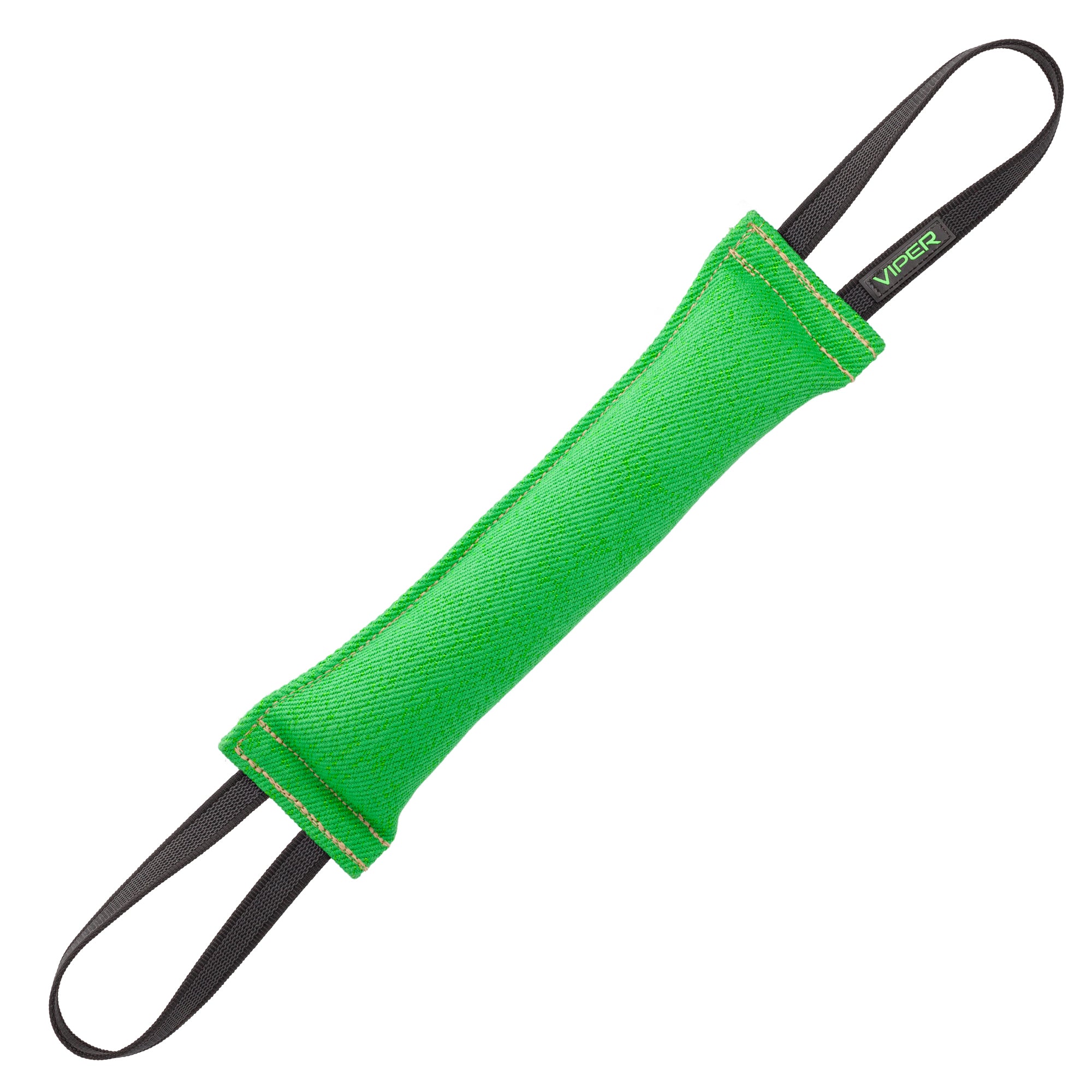 Green French Linen dog tug toy with two handles, 16 inches long