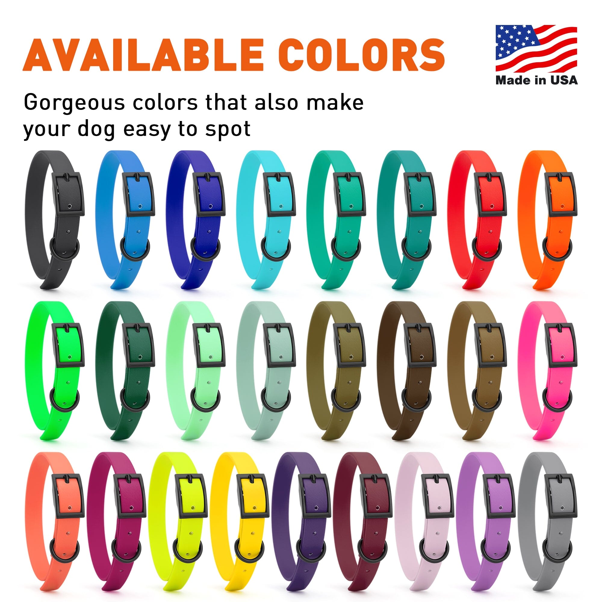 Biothane collars for small dogs, black metal hardware, 26 colors available, made in the USA