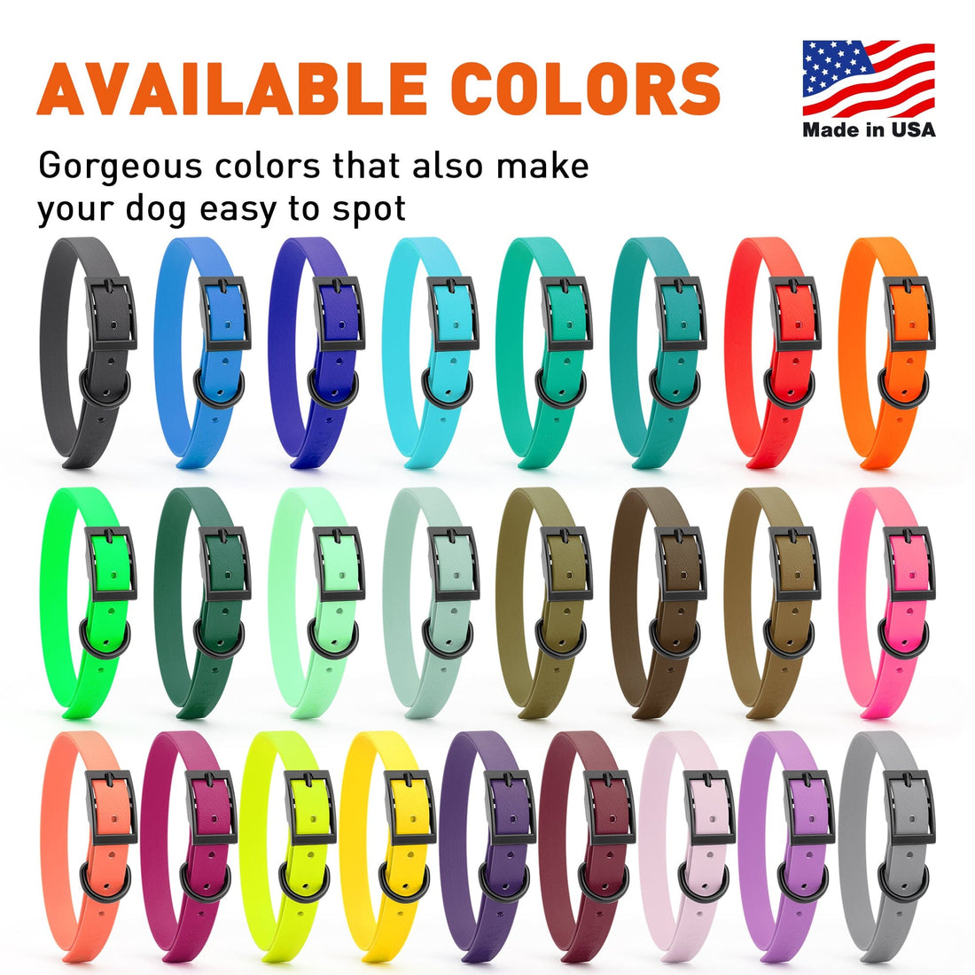 Biothane collars for medium dogs with black metal hardware, 26 colors available