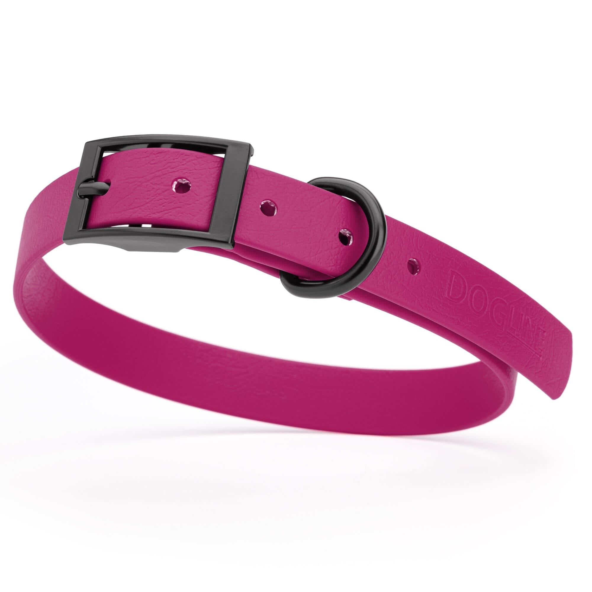 Magenta Pink waterproof dog collar with black metal buckle and D-ring, made from BioThane, fits medium dogs