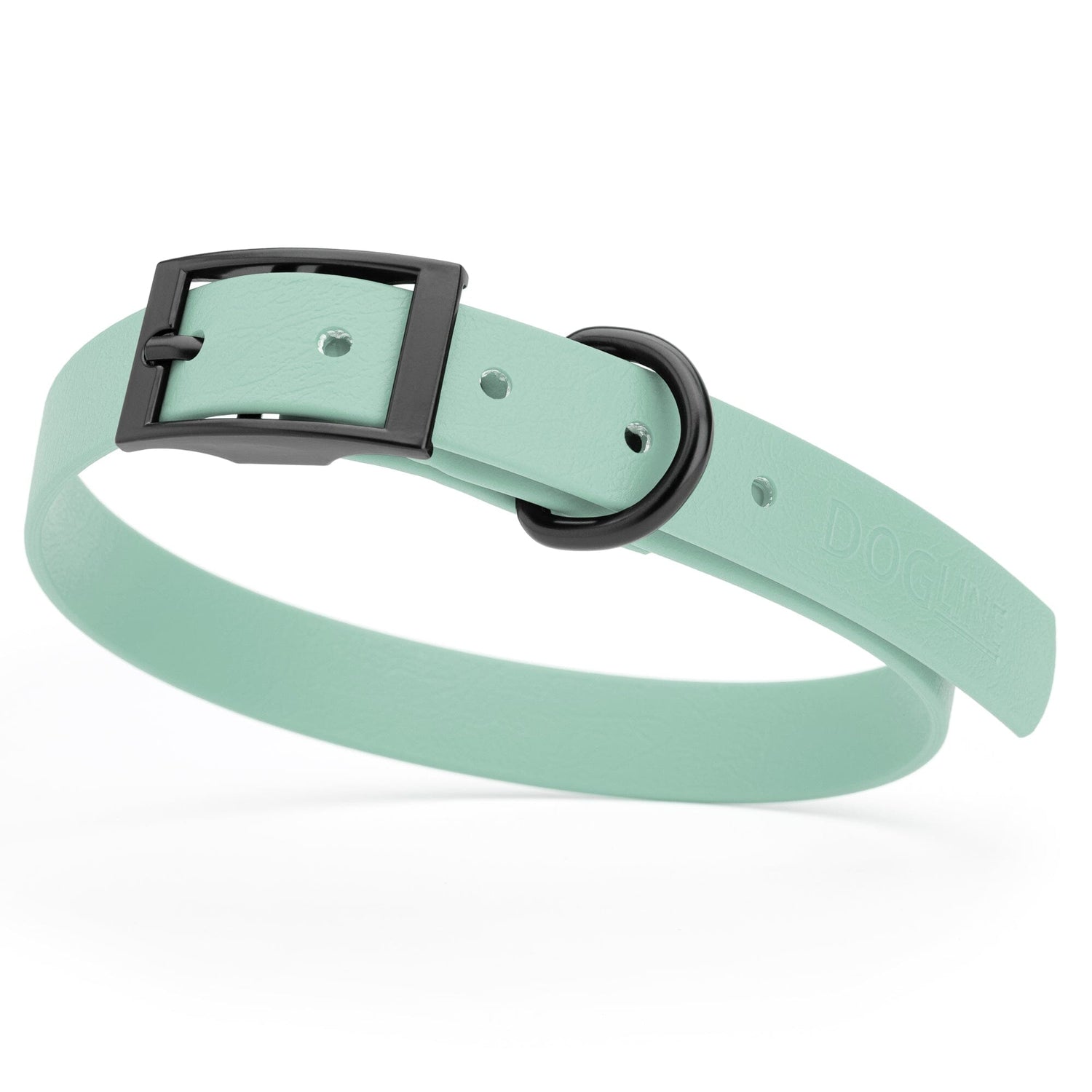 Sage Green waterproof dog collar with black metal buckle and D-ring, made from BioThane, fits medium dogs