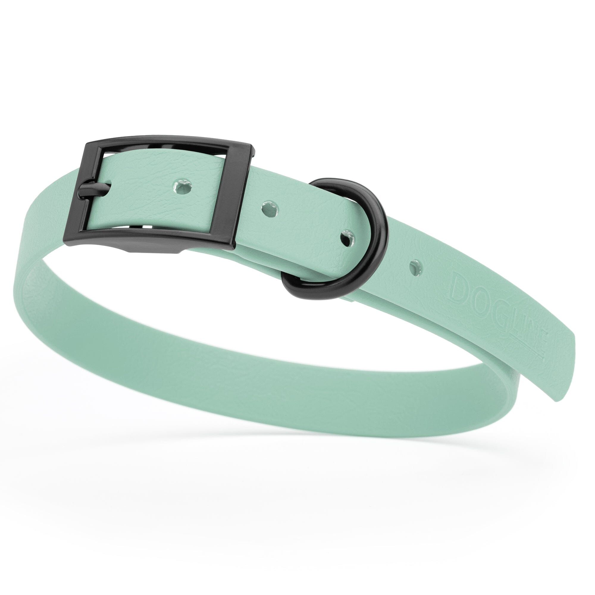 Sage Green waterproof dog collar with black metal buckle and D-ring, made from BioThane, fits medium dogs