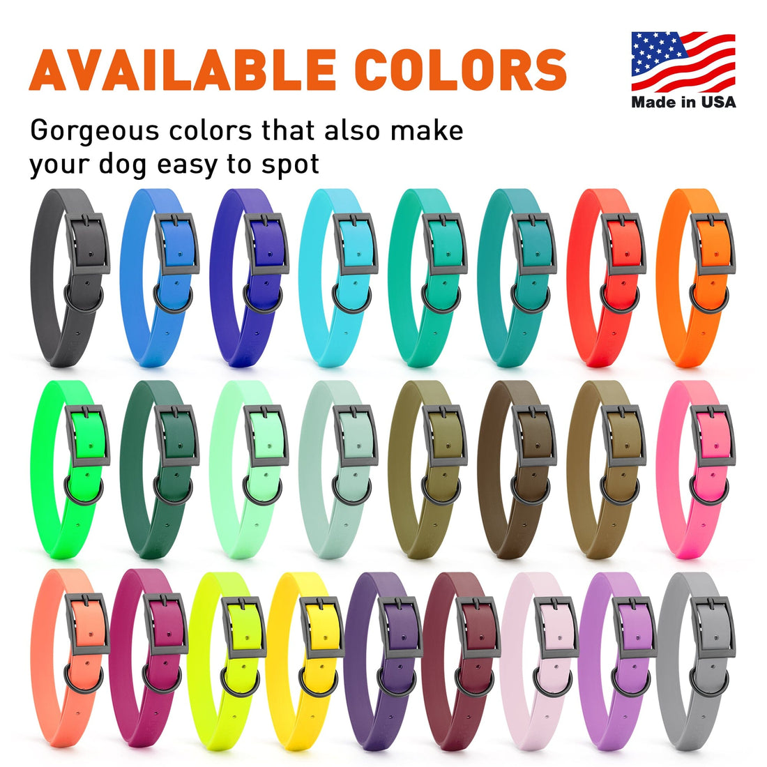 Waterproof Biothane collars for large dogs with black hardware, made in the USA, 1-inch wide, 26 colors available