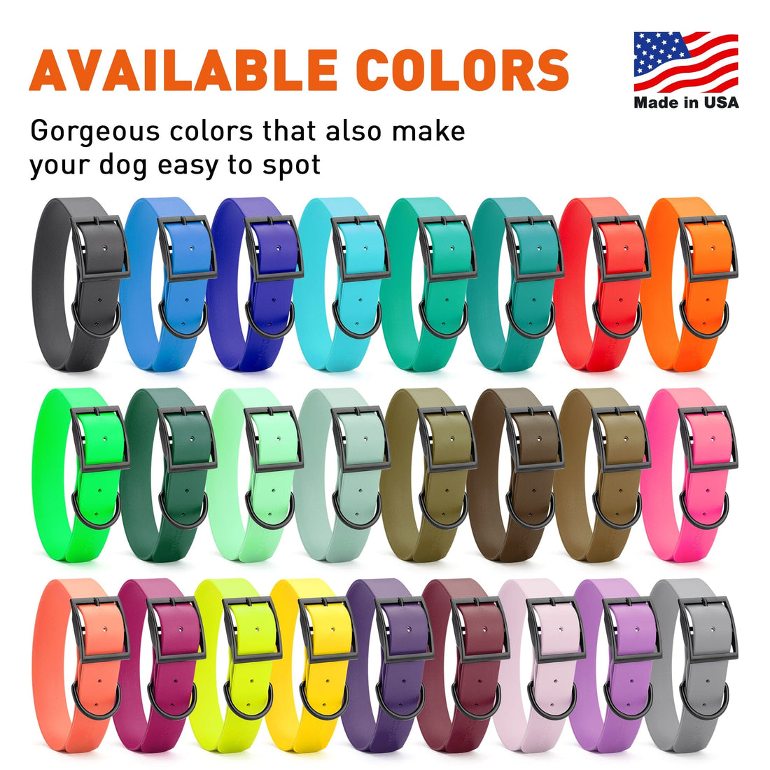 Biothane dog collars for large and giant breeds, waterproof material with black metal hardware, 1.5 inches wide, 26 colors available