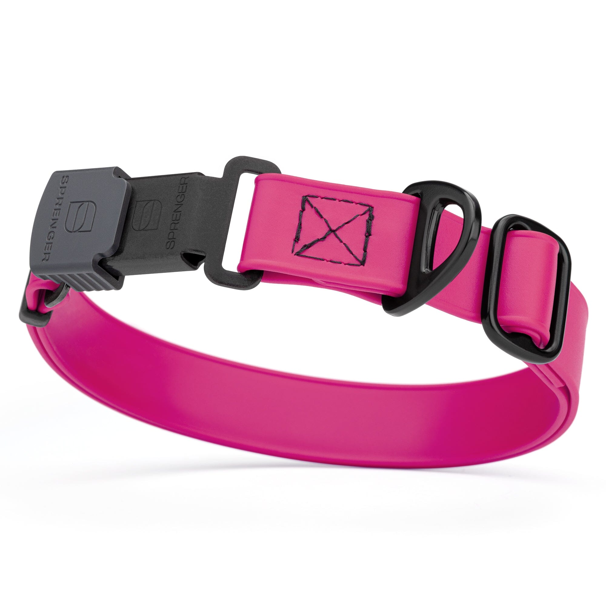 Magenta pink Biothane dog collar with black Herm Sprenger buckle and metal D-ring, waterproof and adjustable