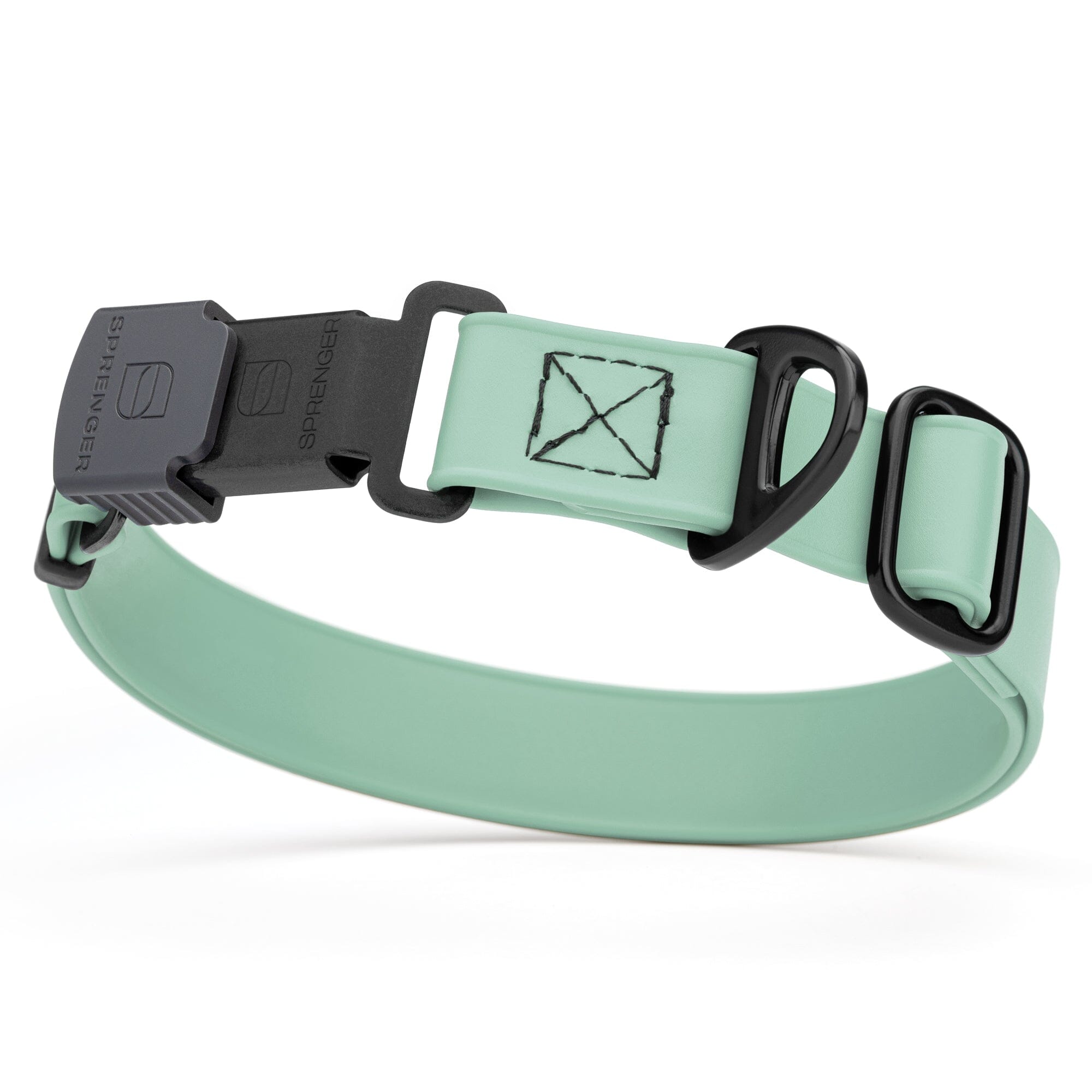 Sage green Biothane dog collar with black Herm Sprenger buckle and metal D-ring, waterproof and adjustable