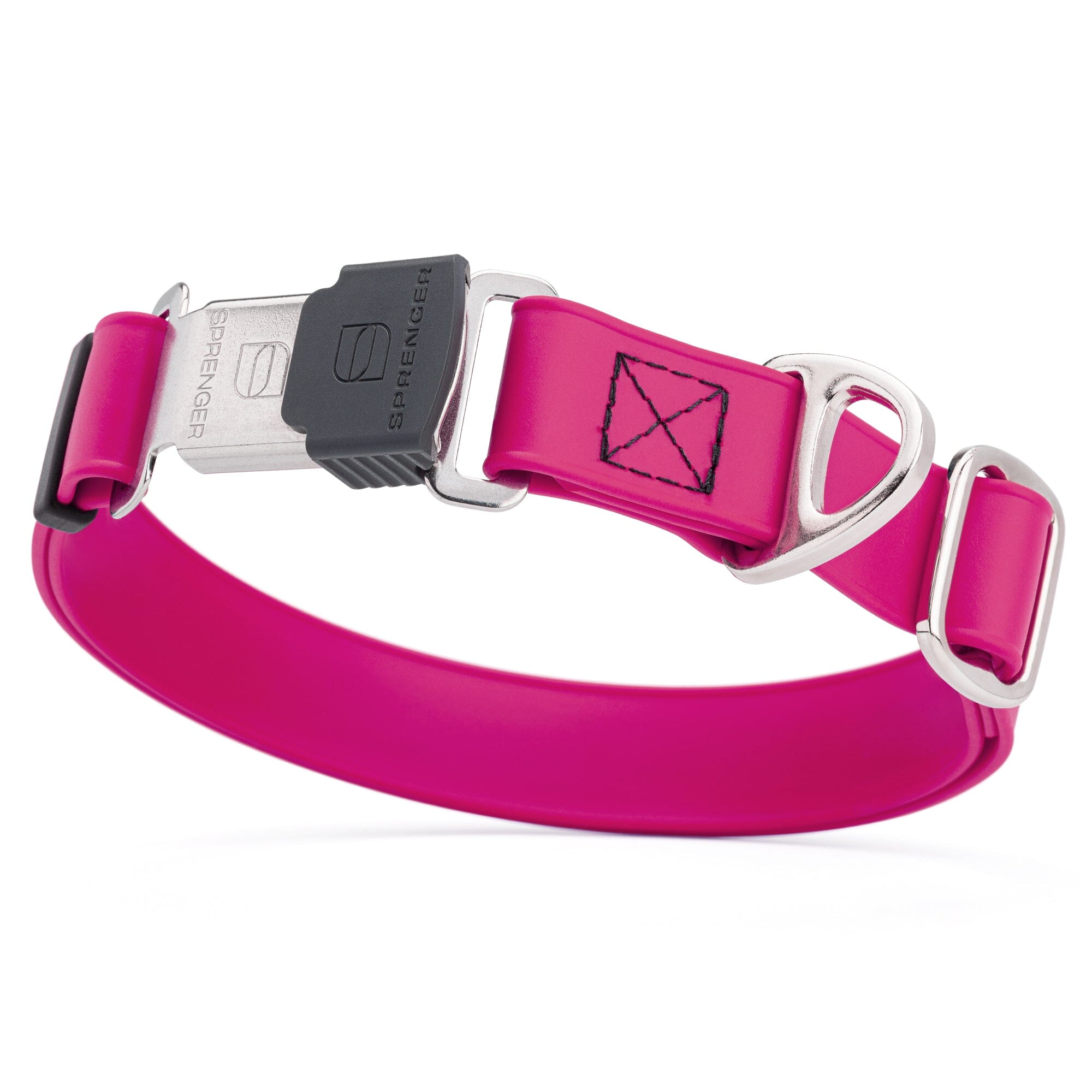 Magenta pink dog collar with stainless steel Herm Sprenger buckle and metal D-ring, made from waterproof Biothane, adjustable