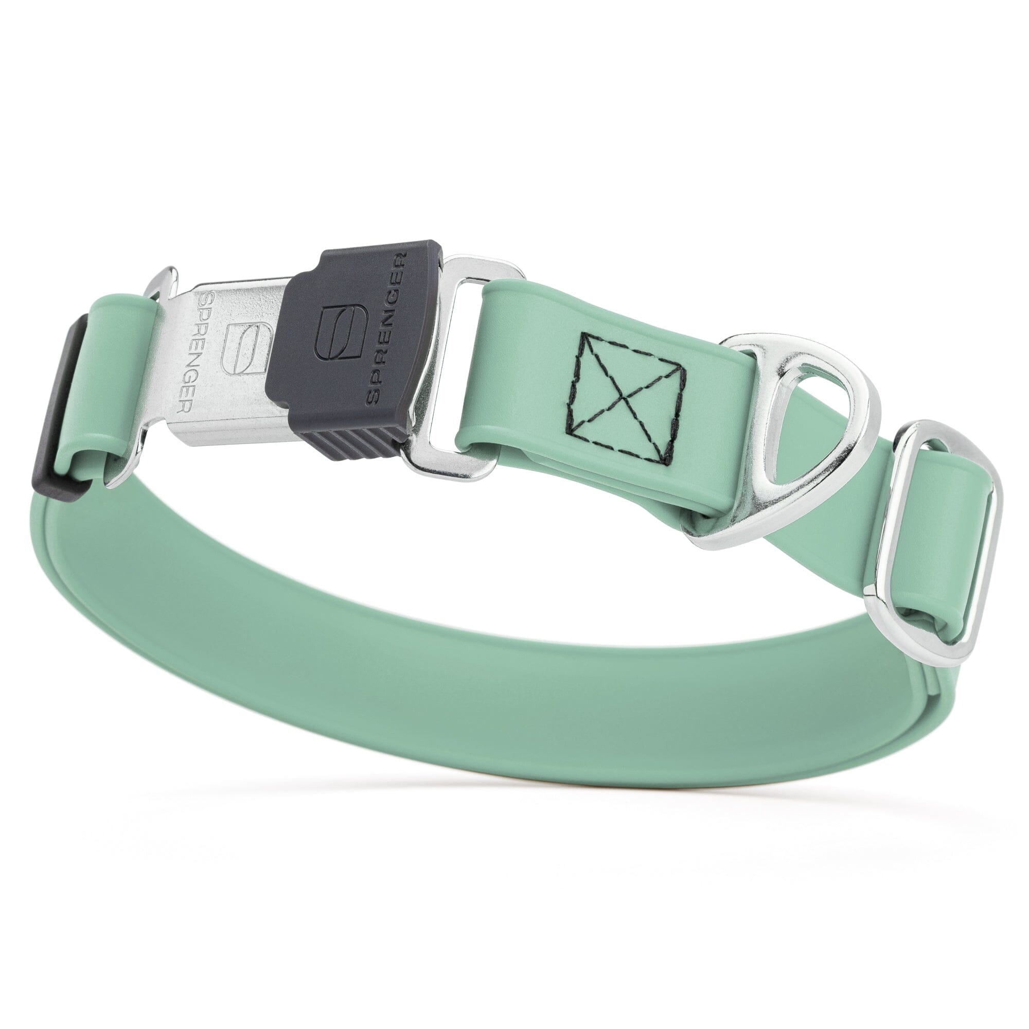 Sage green dog collar with stainless steel Herm Sprenger buckle and metal D-ring, made from waterproof Biothane, adjustable