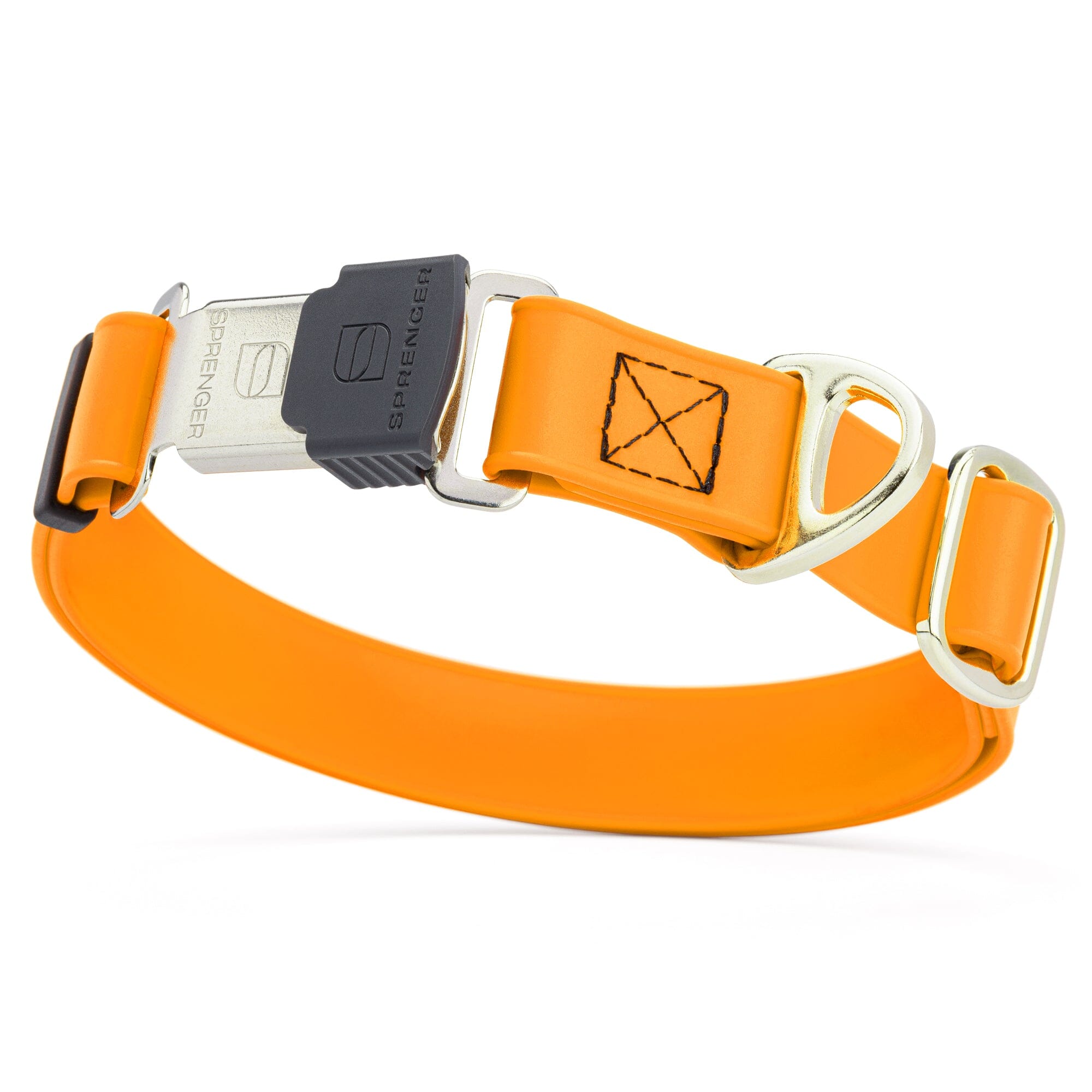Tangerine orange dog collar with stainless steel Herm Sprenger buckle and metal D-ring, made from waterproof Biothane, adjustable