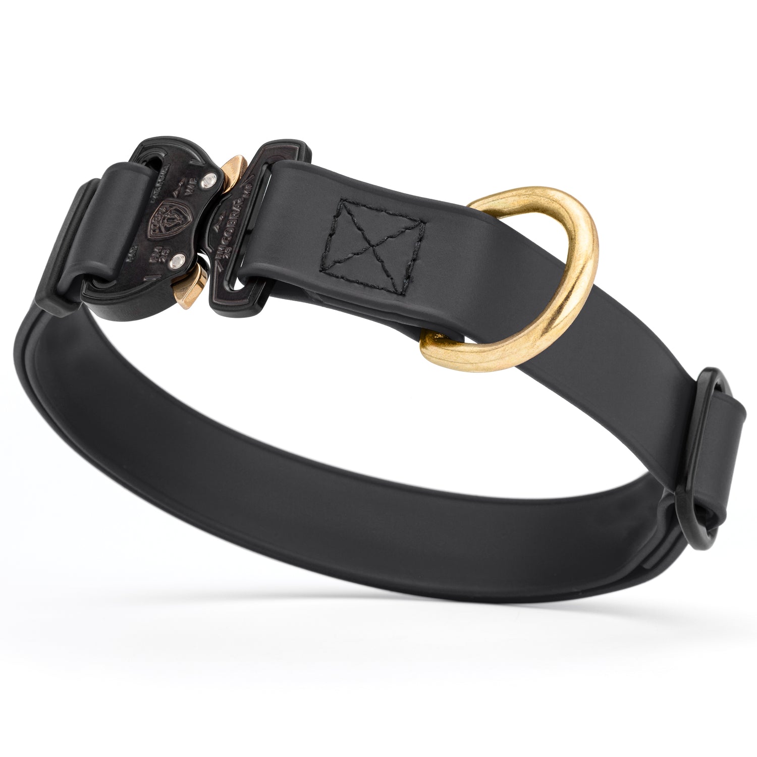 Black Biothane collar for medium and large dogs with Cobra metal buckle and brass D-ring, adjustable and waterproof