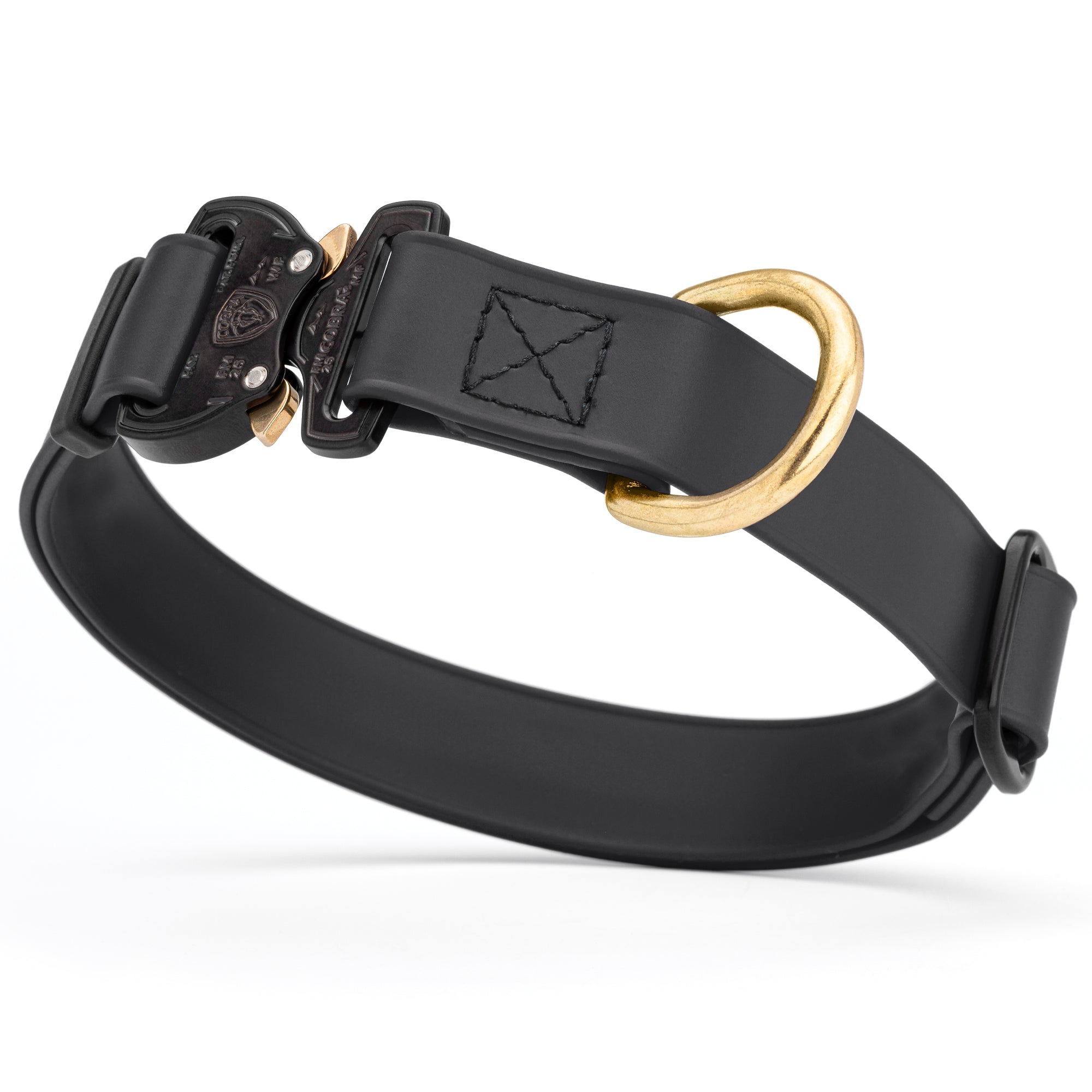 Black Biothane collar for medium and large dogs with Cobra metal buckle and brass D-ring, adjustable and waterproof