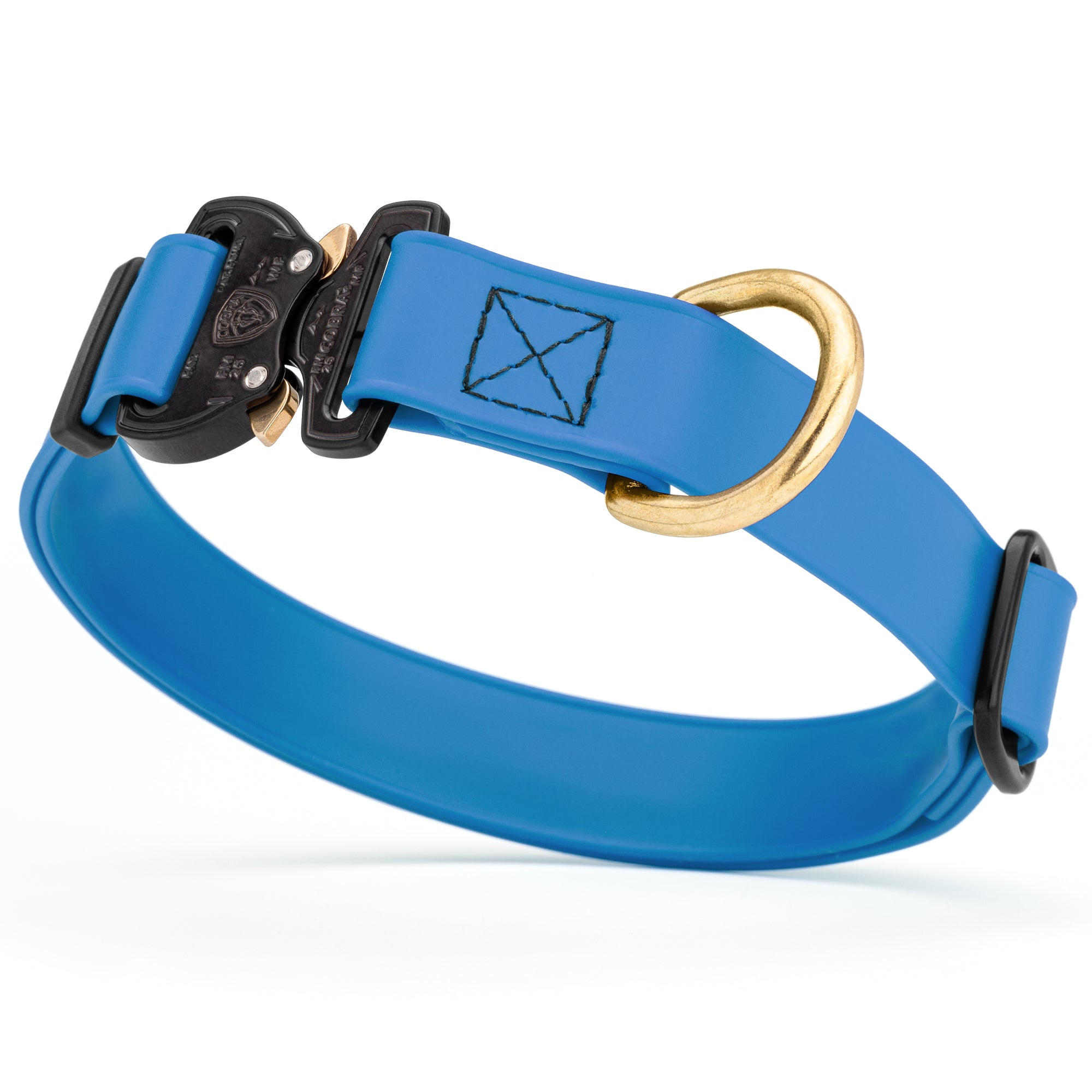 Cerulean blue Biothane collar for medium and large dogs with Cobra metal buckle and brass D-ring, adjustable and waterproof