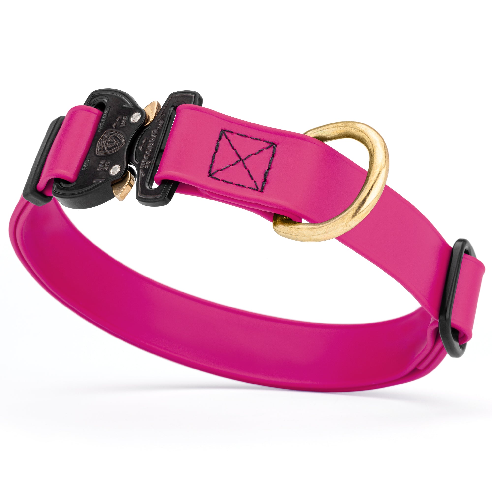 Magenta pink Biothane collar for medium and large dogs with Cobra metal buckle and brass D-ring, adjustable and waterproof