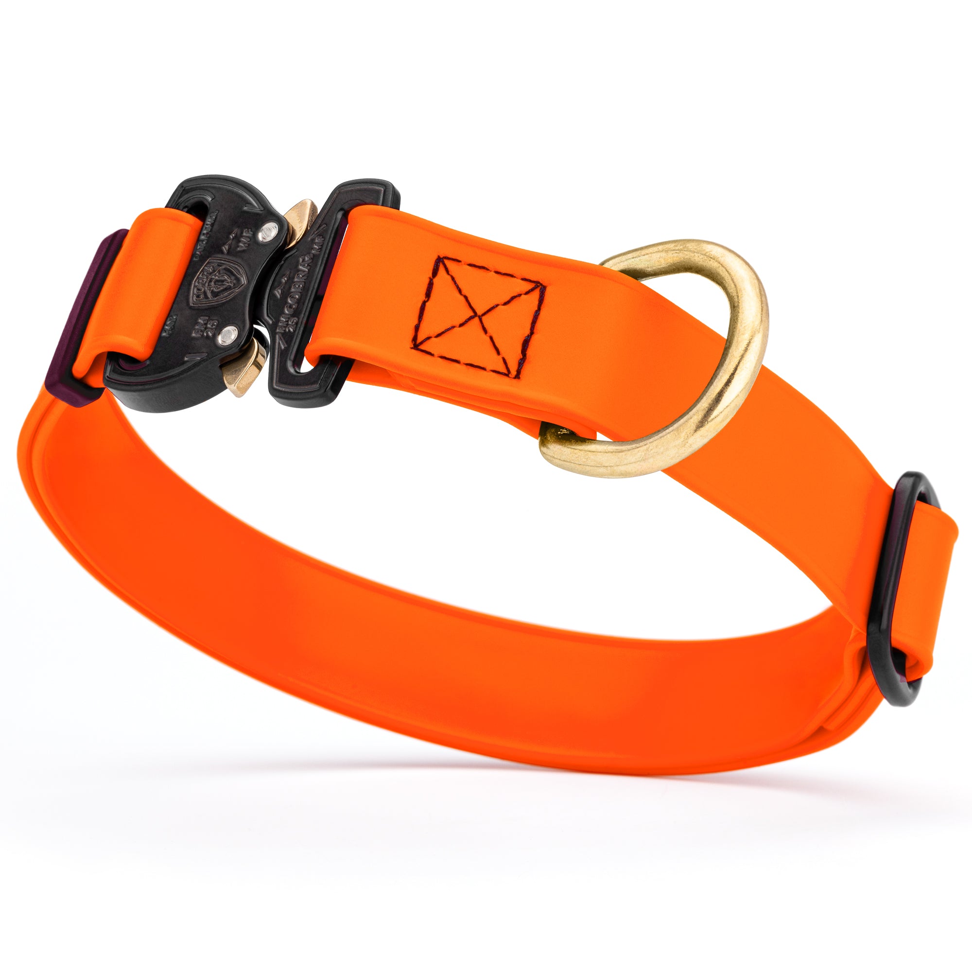 Hunter orange Biothane collar for medium and large dogs with Cobra metal buckle and brass D-ring, adjustable and waterproof