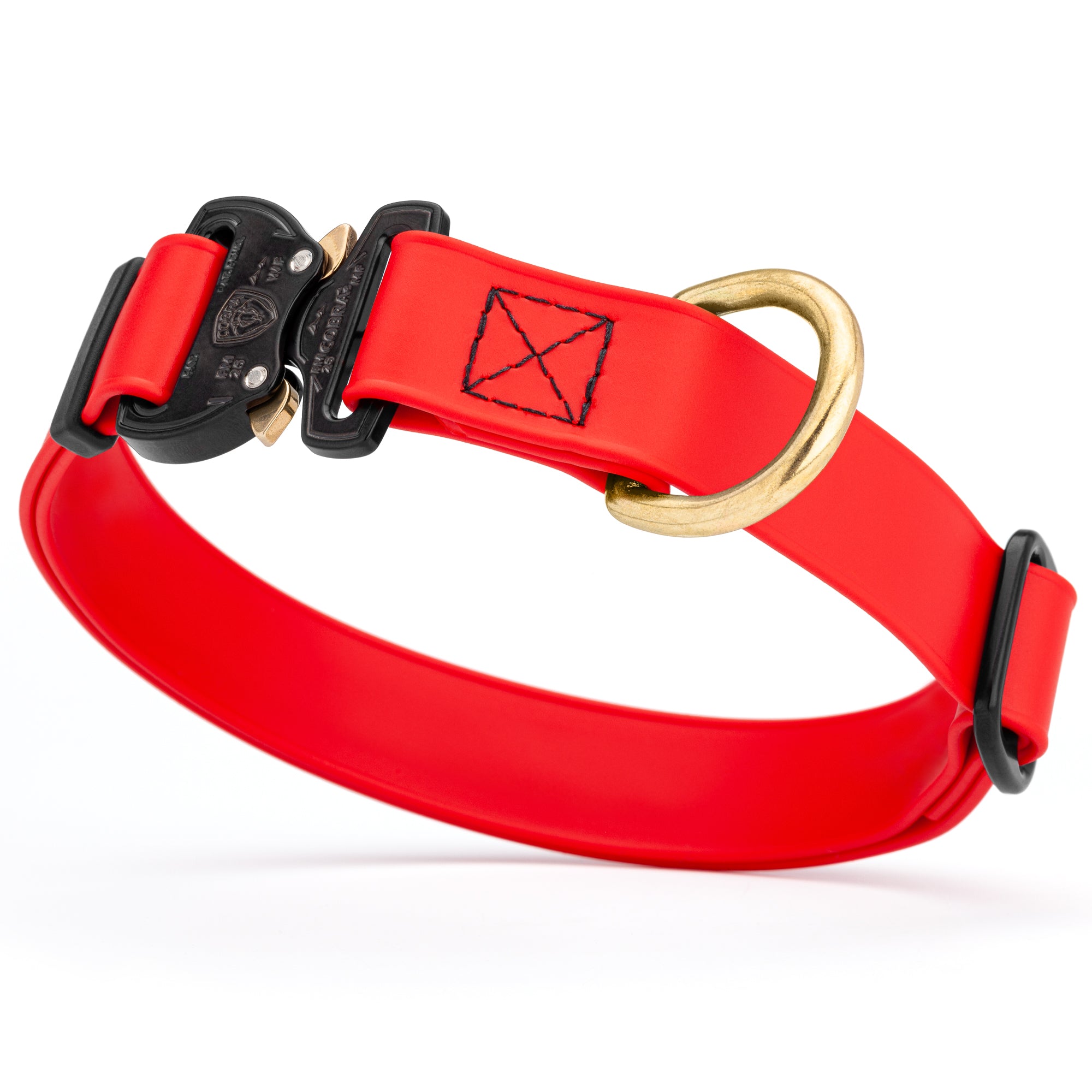 Cherry red Biothane collar for medium and large dogs with Cobra metal buckle and brass D-ring, adjustable and waterproof