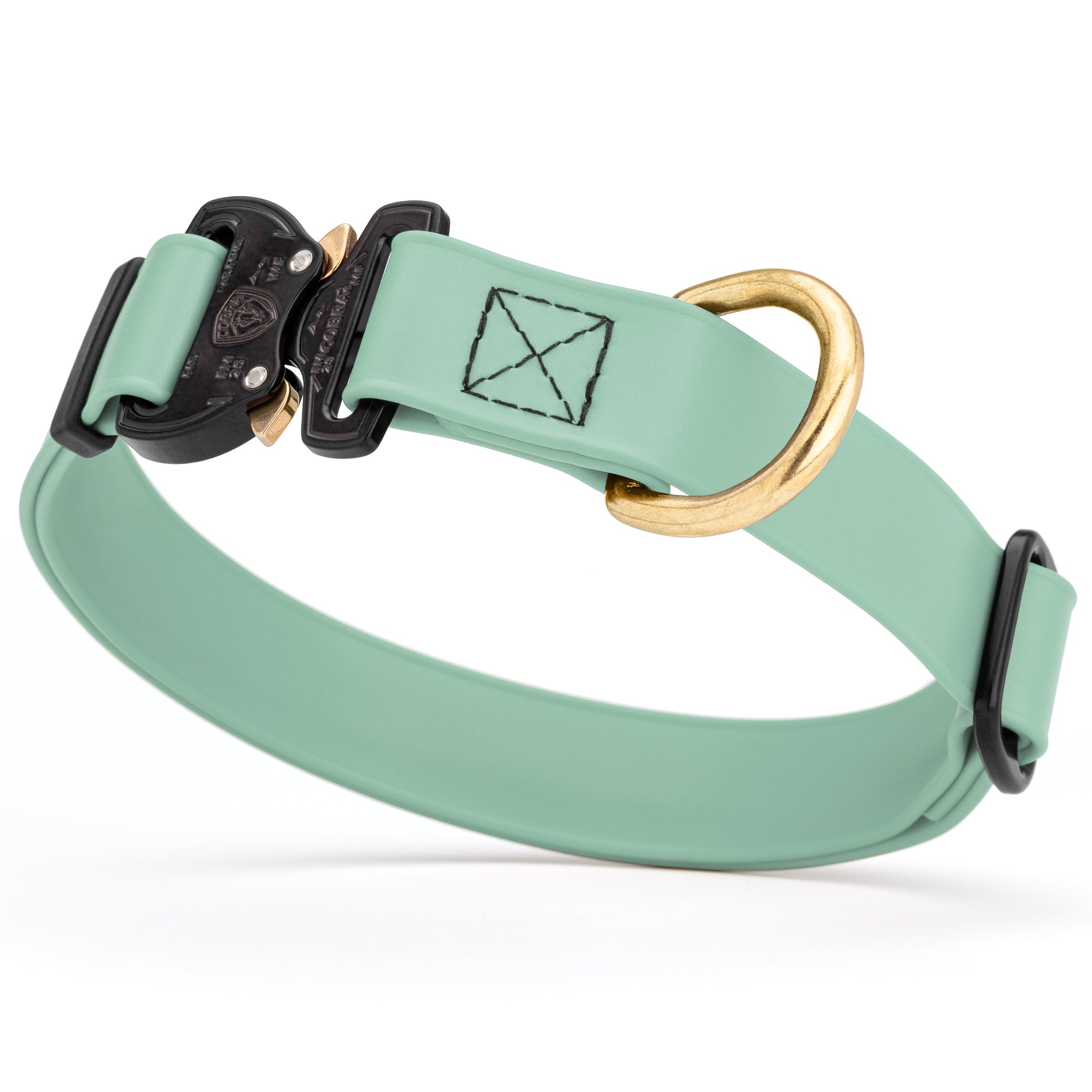 Sage green Biothane collar for medium and large dogs with Cobra metal buckle and brass D-ring, adjustable and waterproof