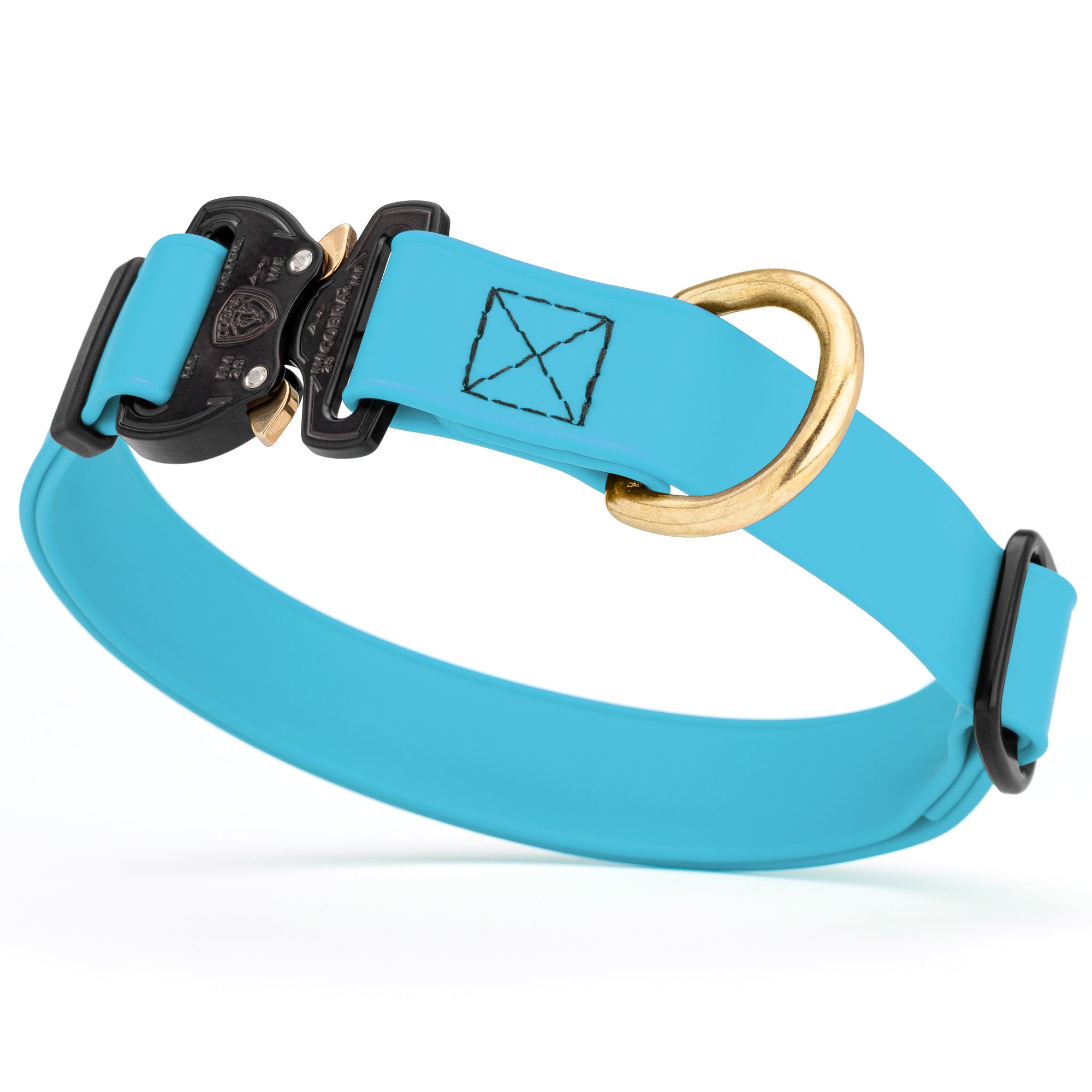 Sky blue Biothane collar for medium and large dogs with Cobra metal buckle and brass D-ring, adjustable and waterproof