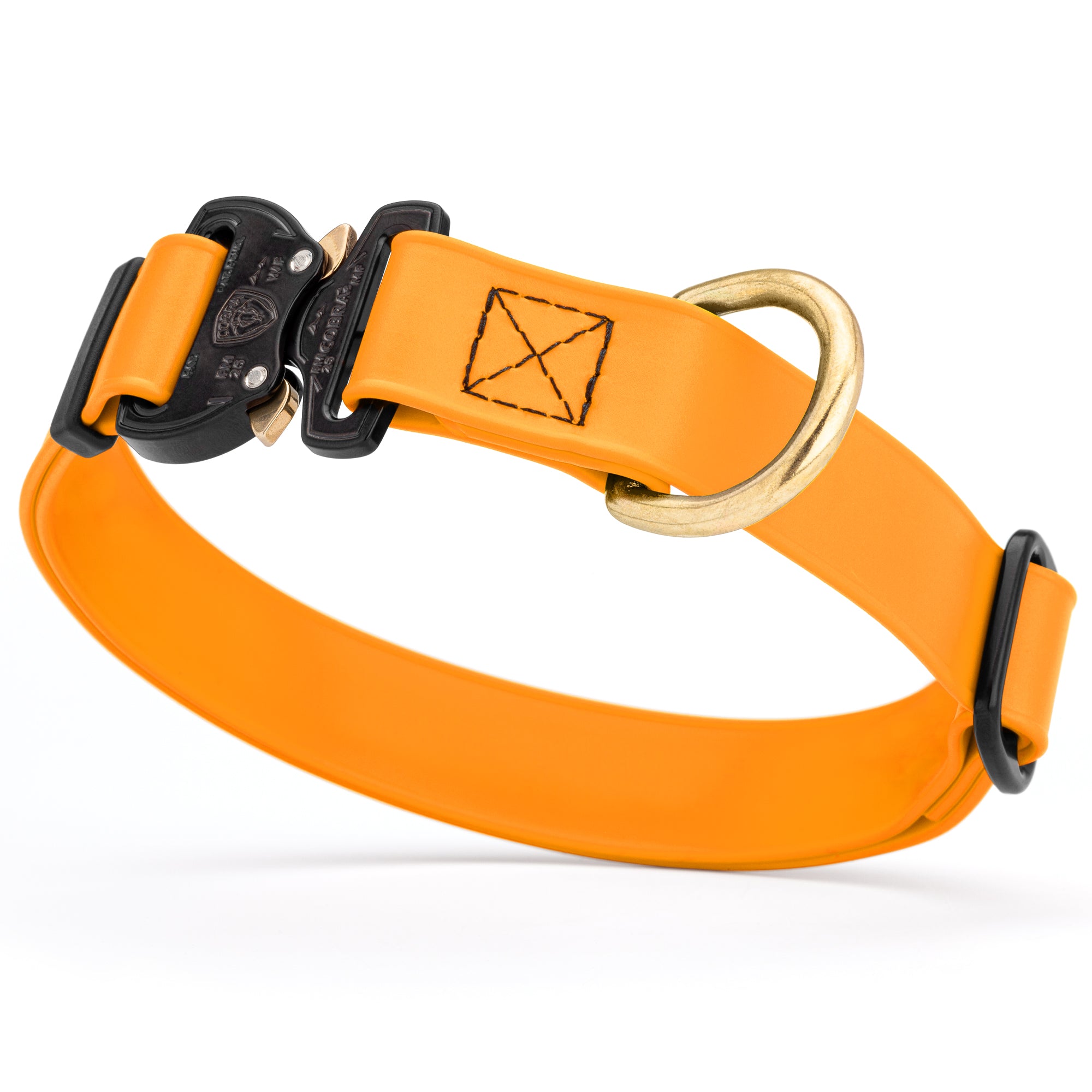 Tangerine orange Biothane collar for medium and large dogs with Cobra metal buckle and brass D-ring, adjustable and waterproof