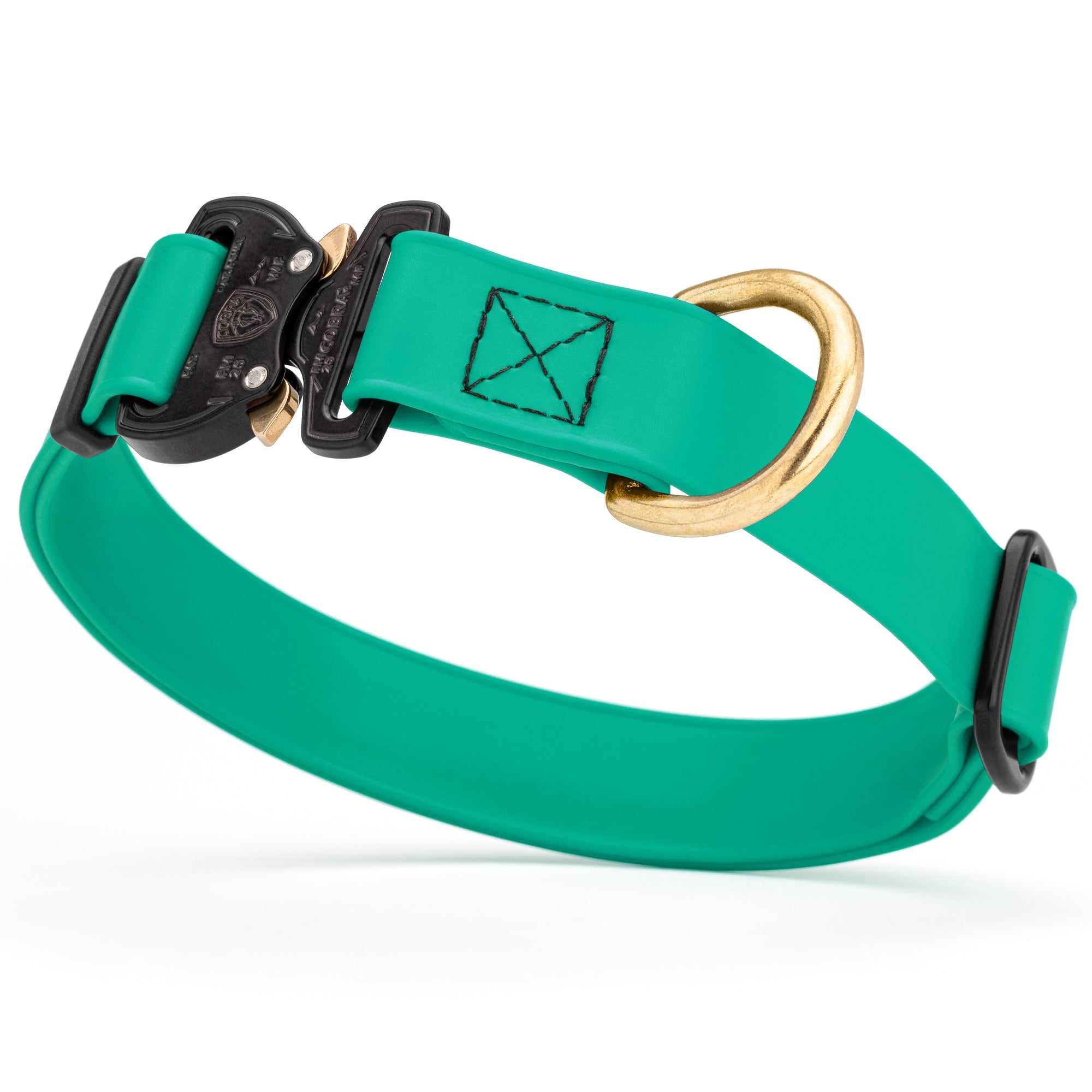 Teal Biothane collar for medium and large dogs with Cobra metal buckle and brass D-ring, adjustable and waterproof