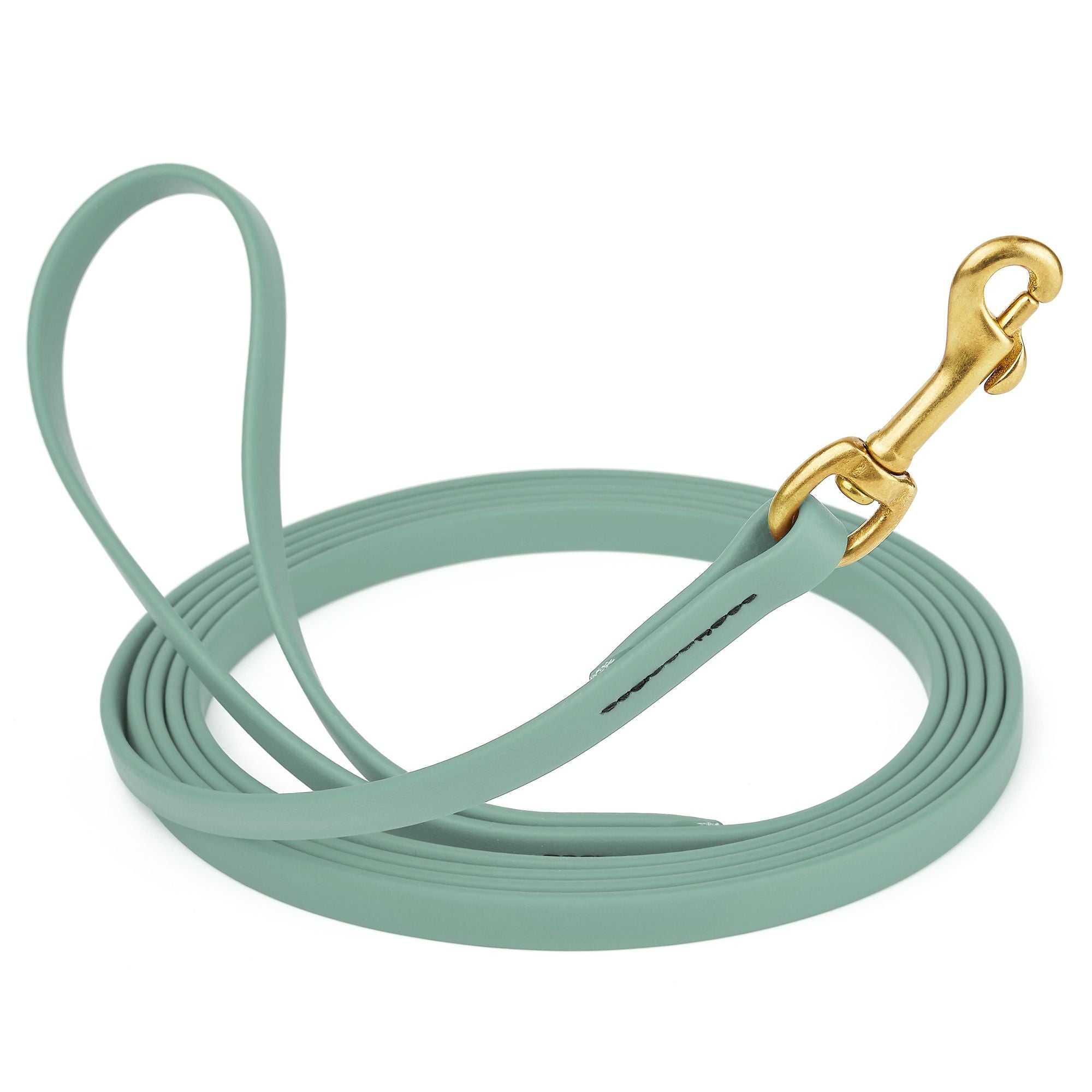 15 ft Sage Green dog leash with brass clip, made from waterproof Biothane, width 1/2 inch